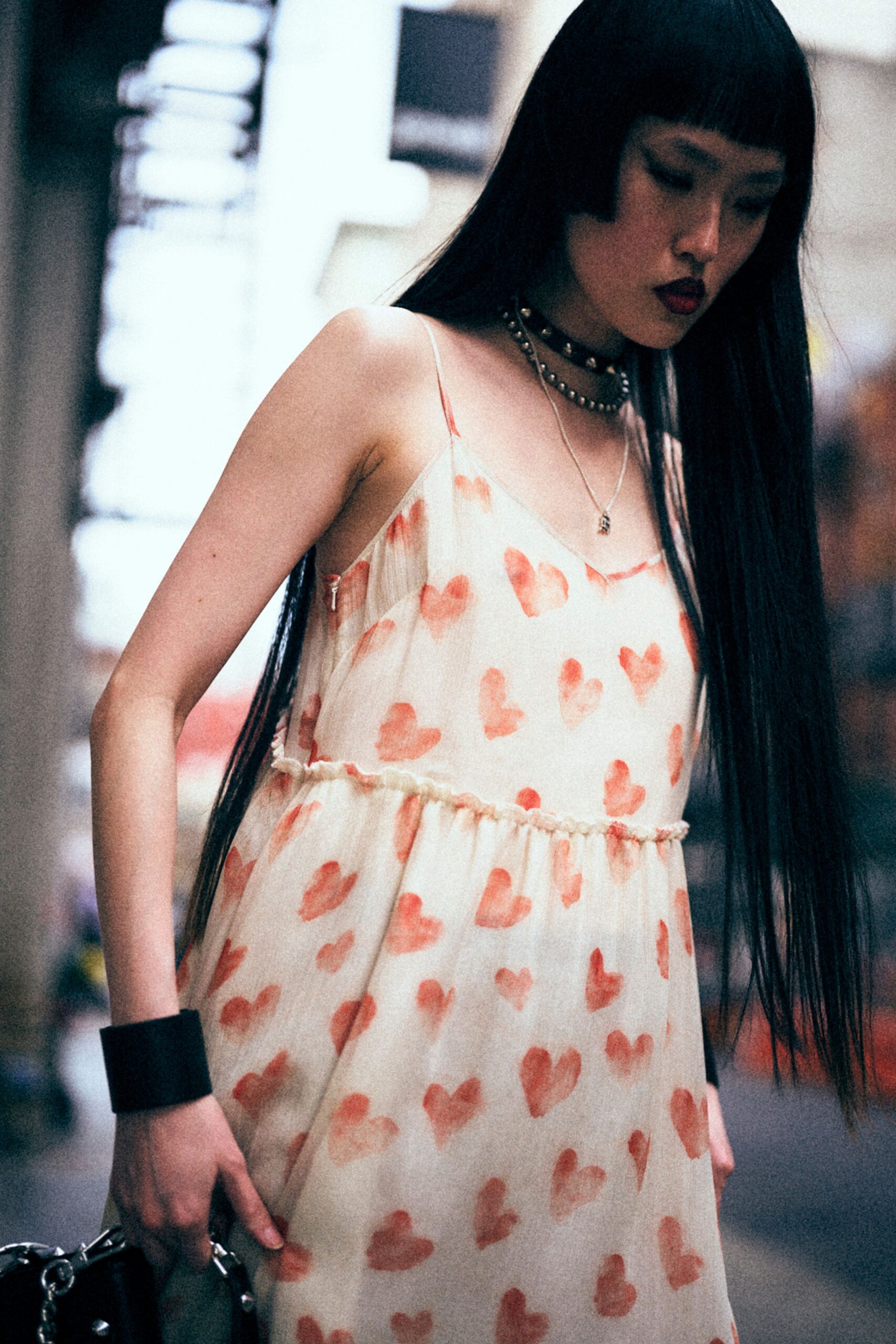 white red printed midi dress with bag
