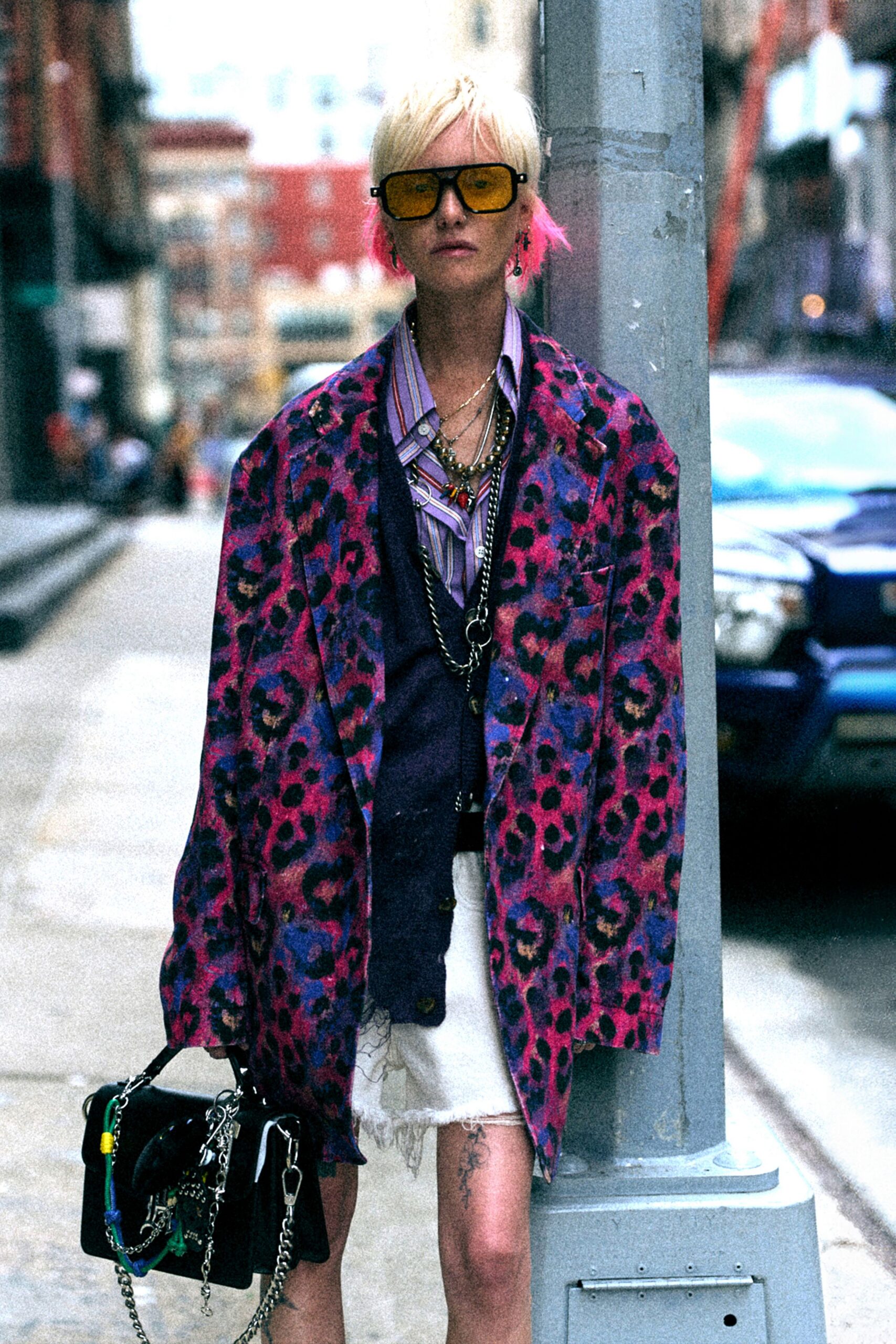 oversized animal-print jacket with distressed mini skirt