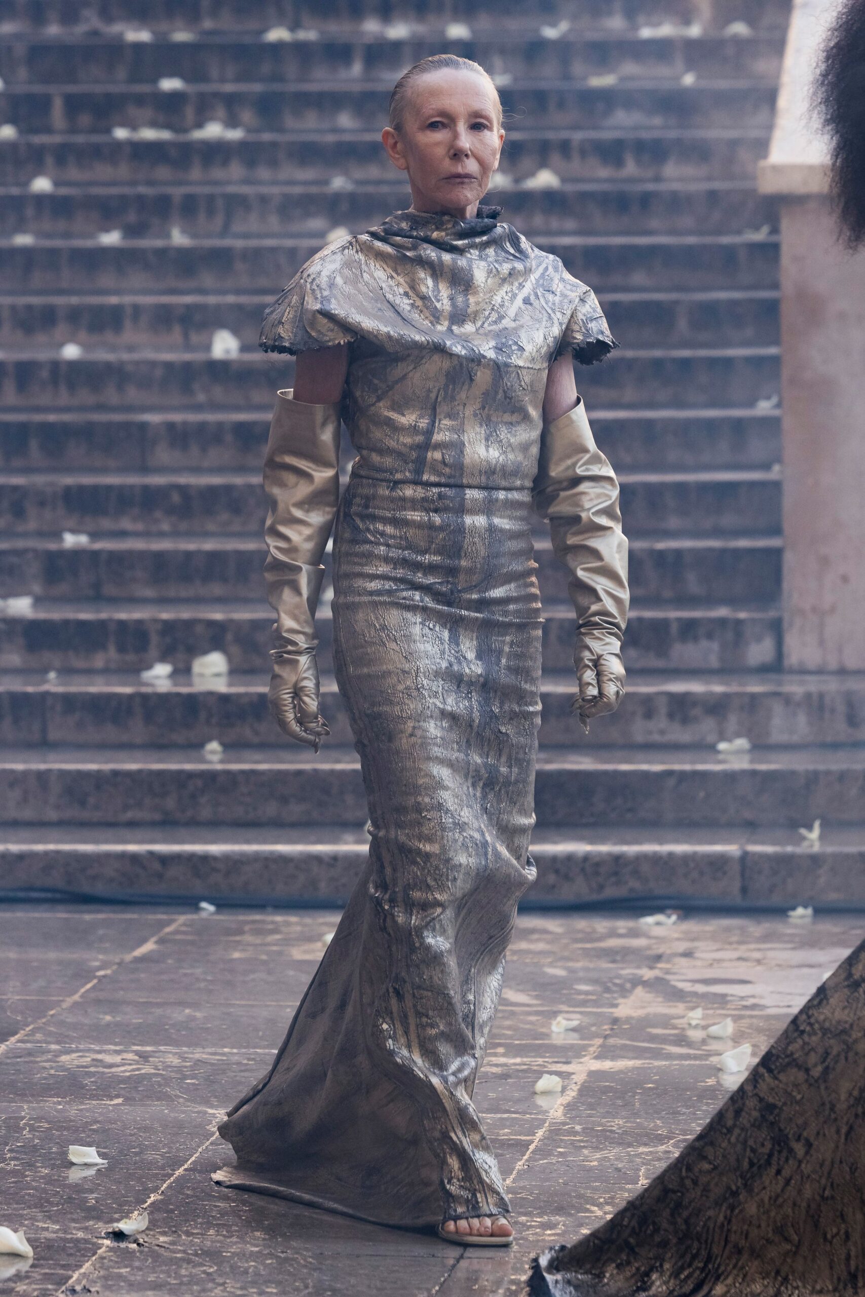 gray metallic sleeveless high-neck fitted straight-leg shiny gown