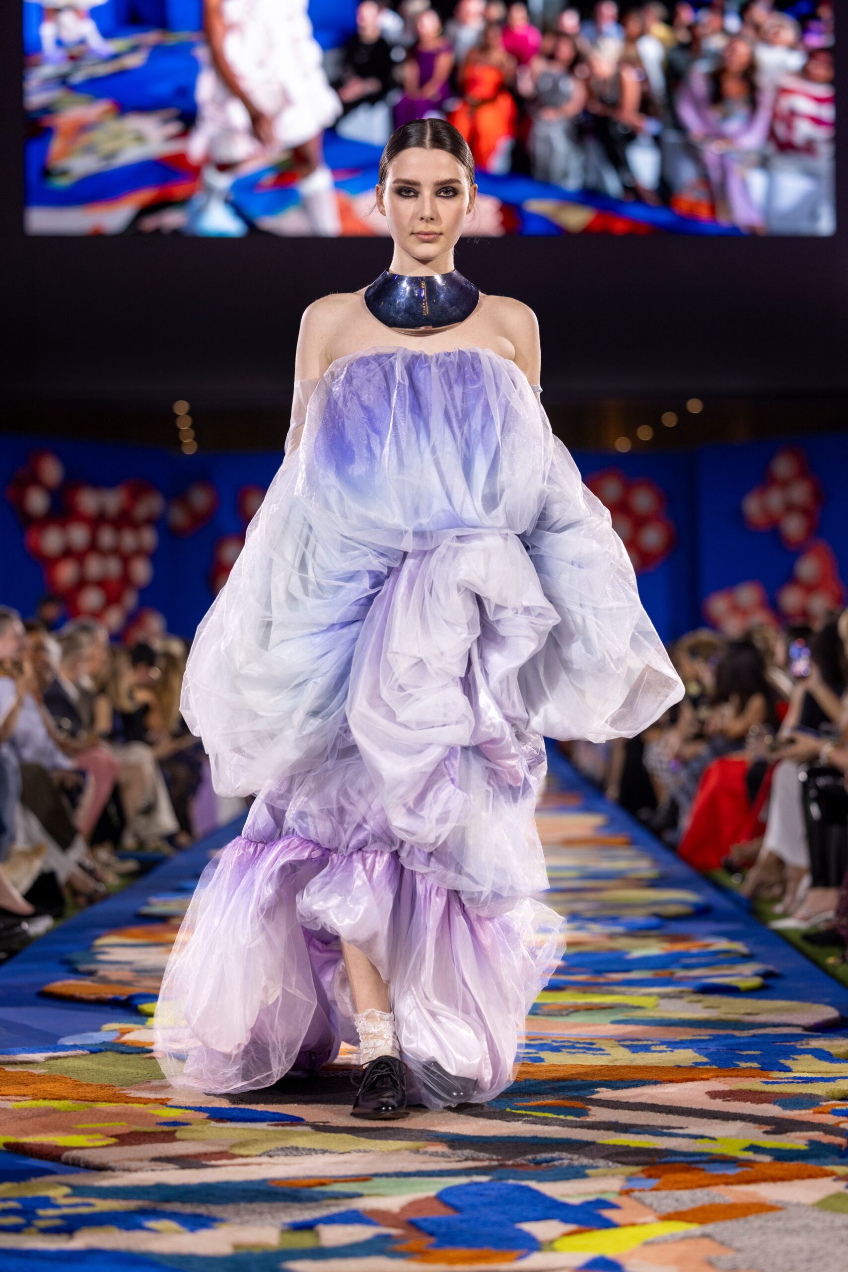 purple tulle off-shoulder gown