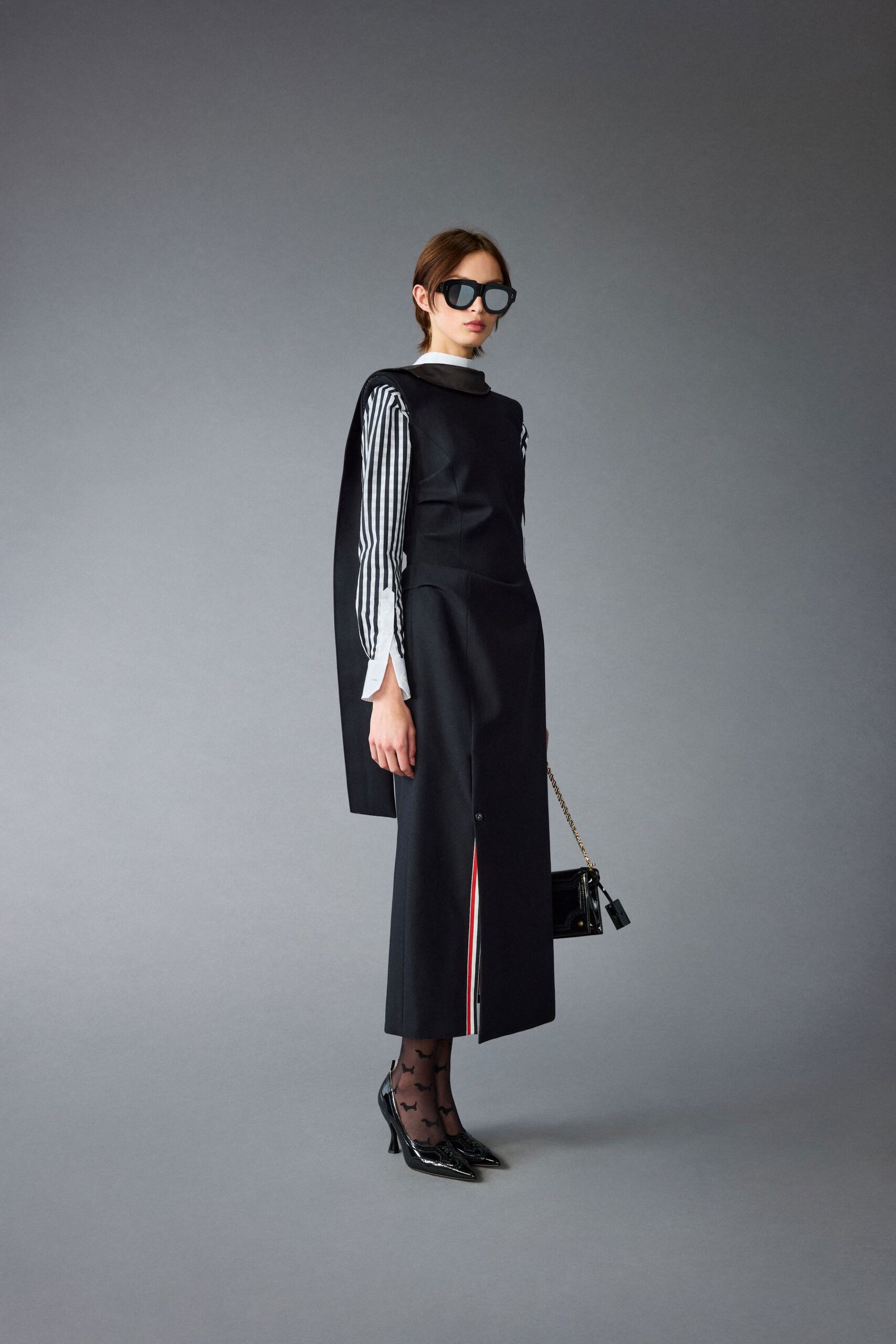 black cotton long-sleeve high-neck fitted buttoned midi dress