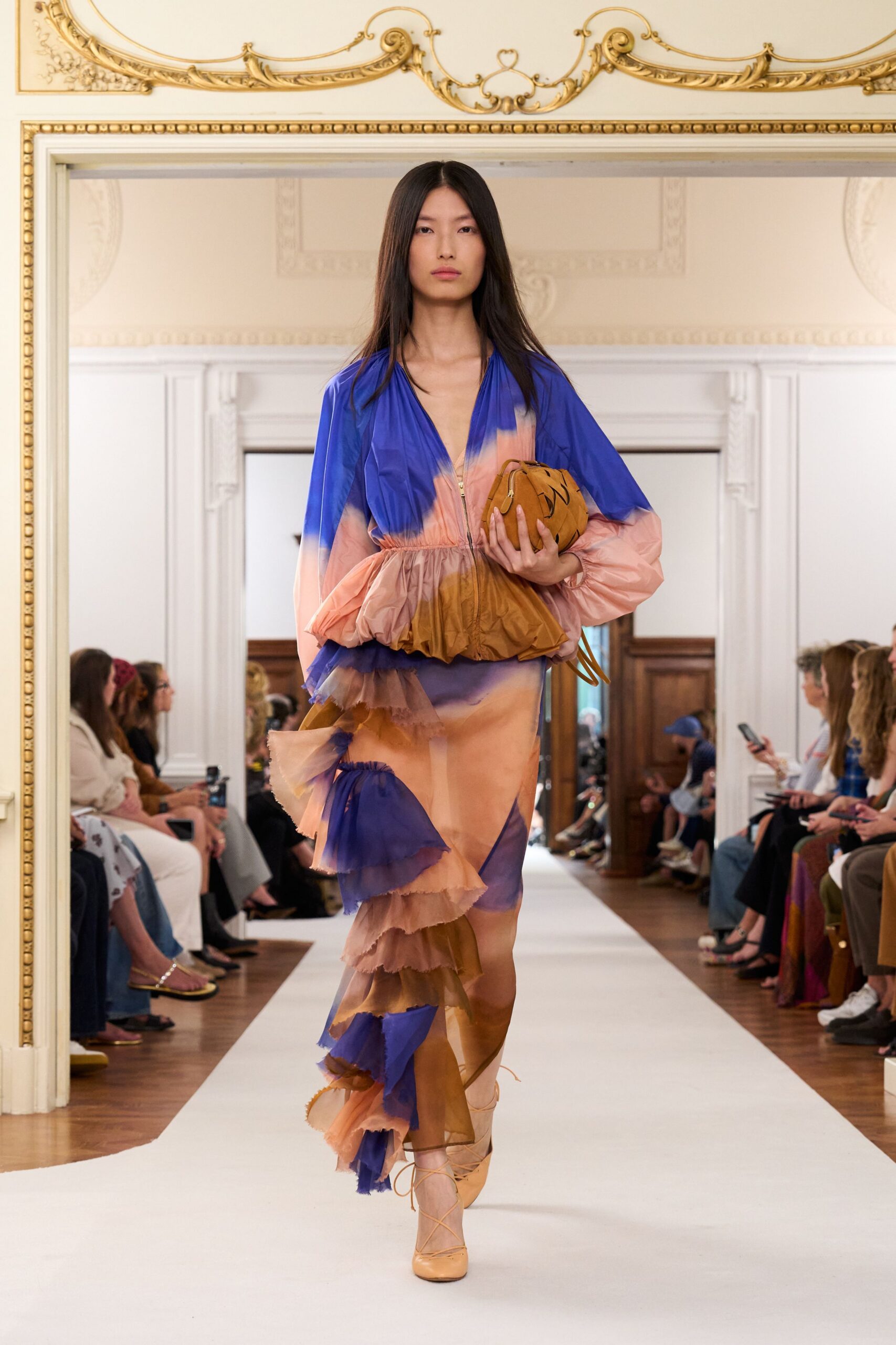 blue silk long-sleeve v-neck fitted ruffled layered dress