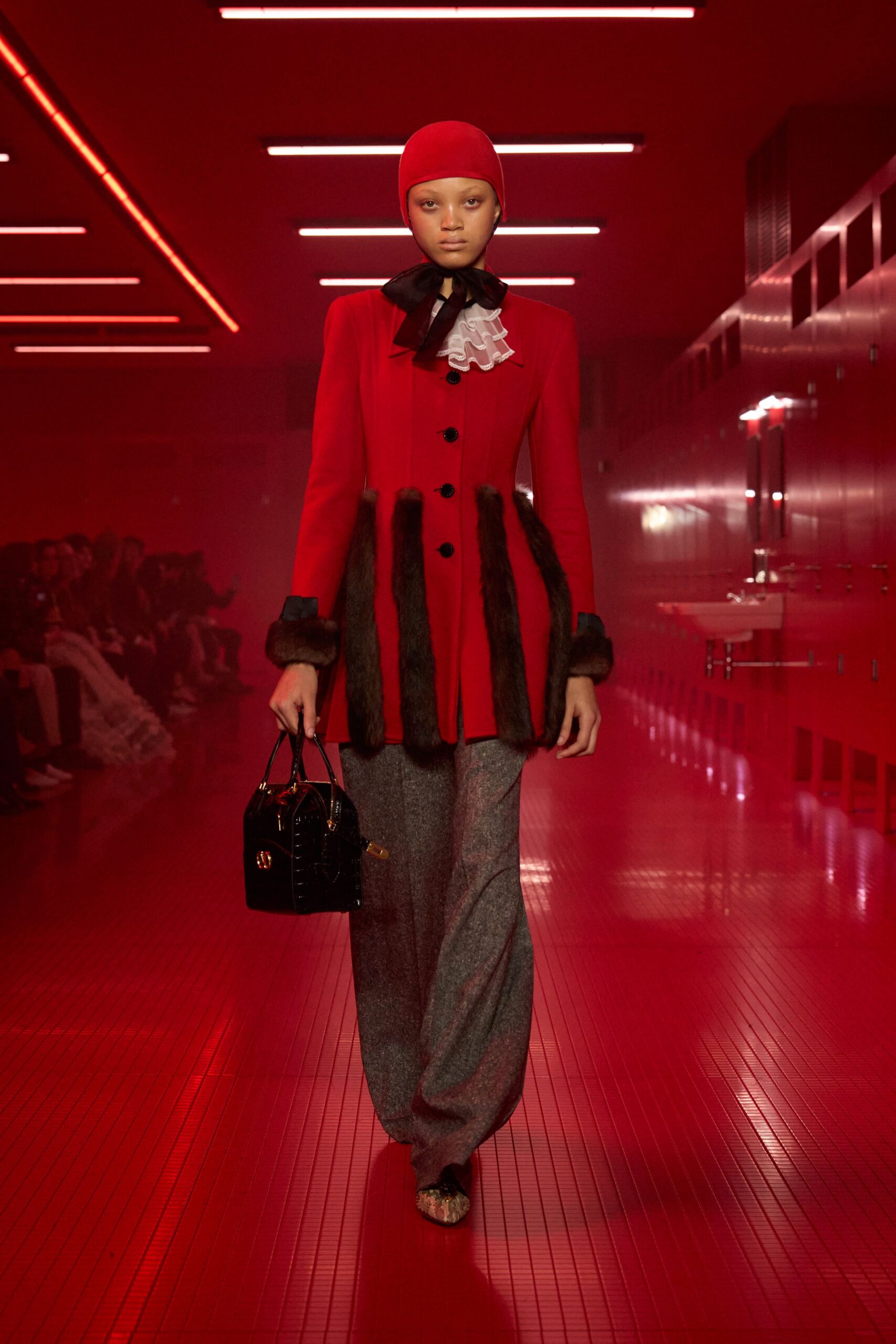 red wool long-sleeve collared fitted buttoned ruffled coat