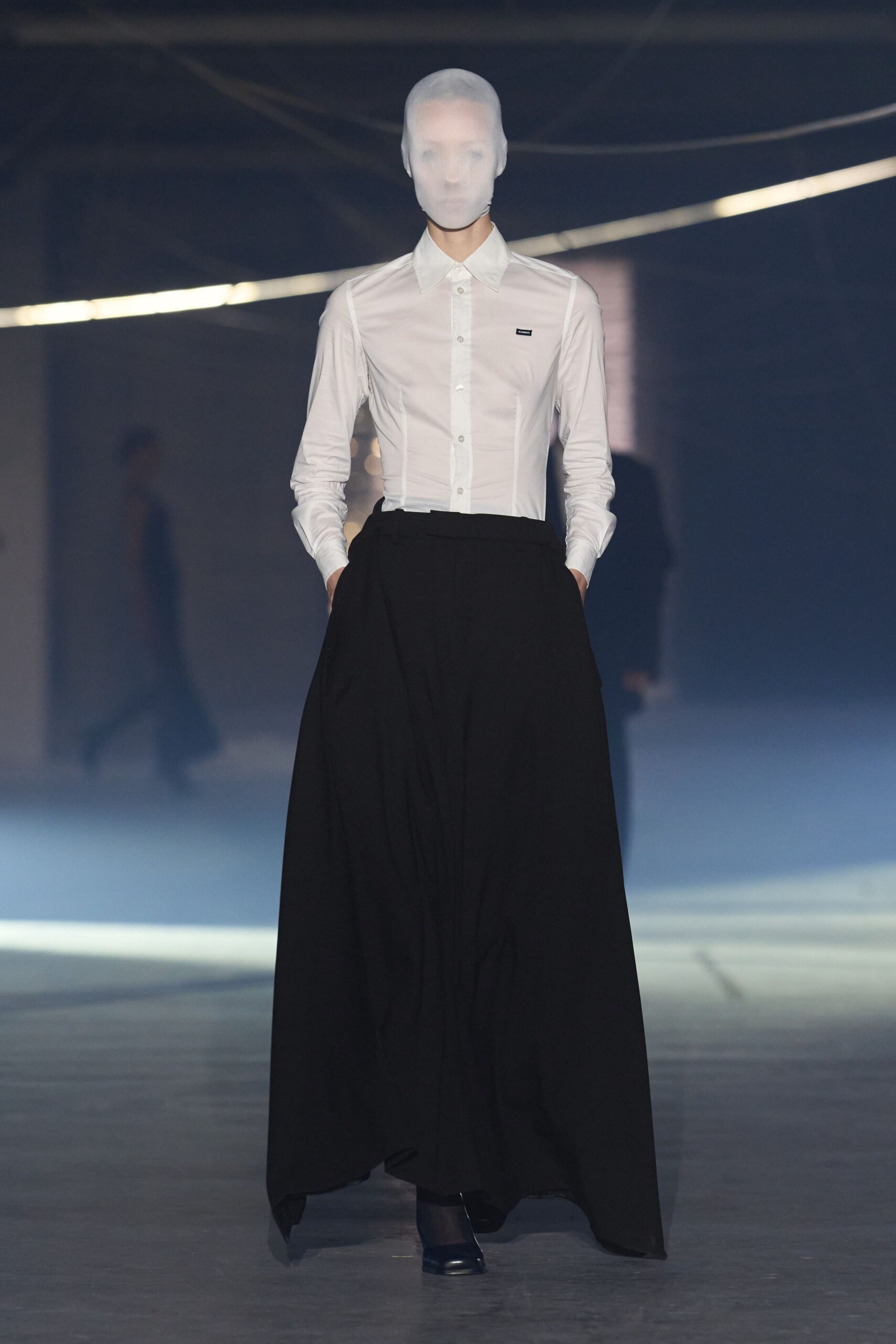 white fitted shirt black maxi skirt