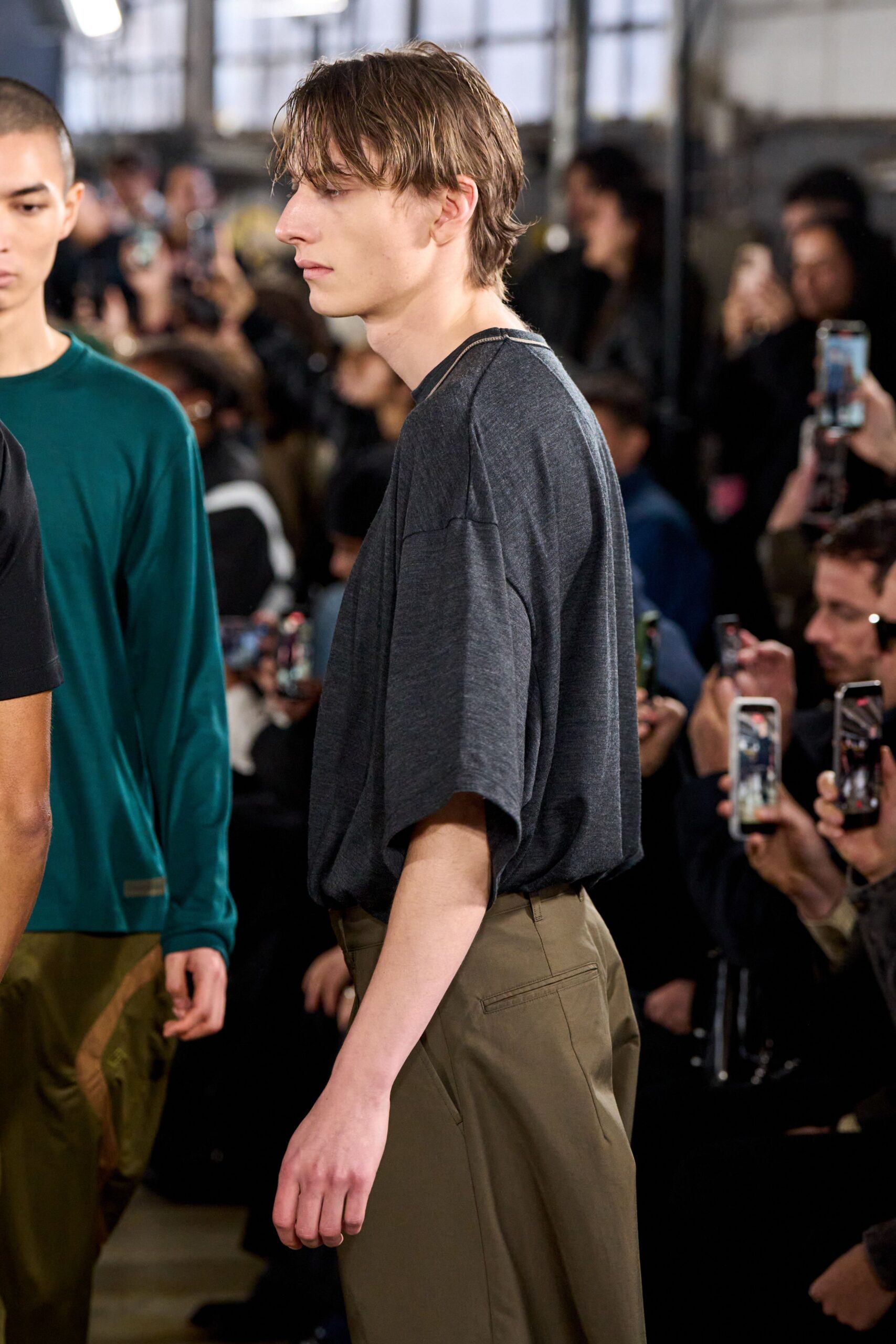 gray relaxed t-shirt and olive cargo pants
