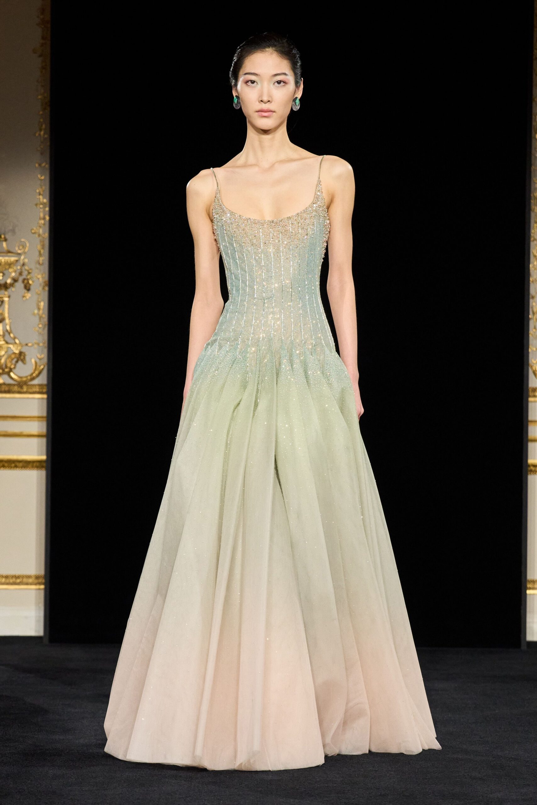 green beige sleeveless gown
