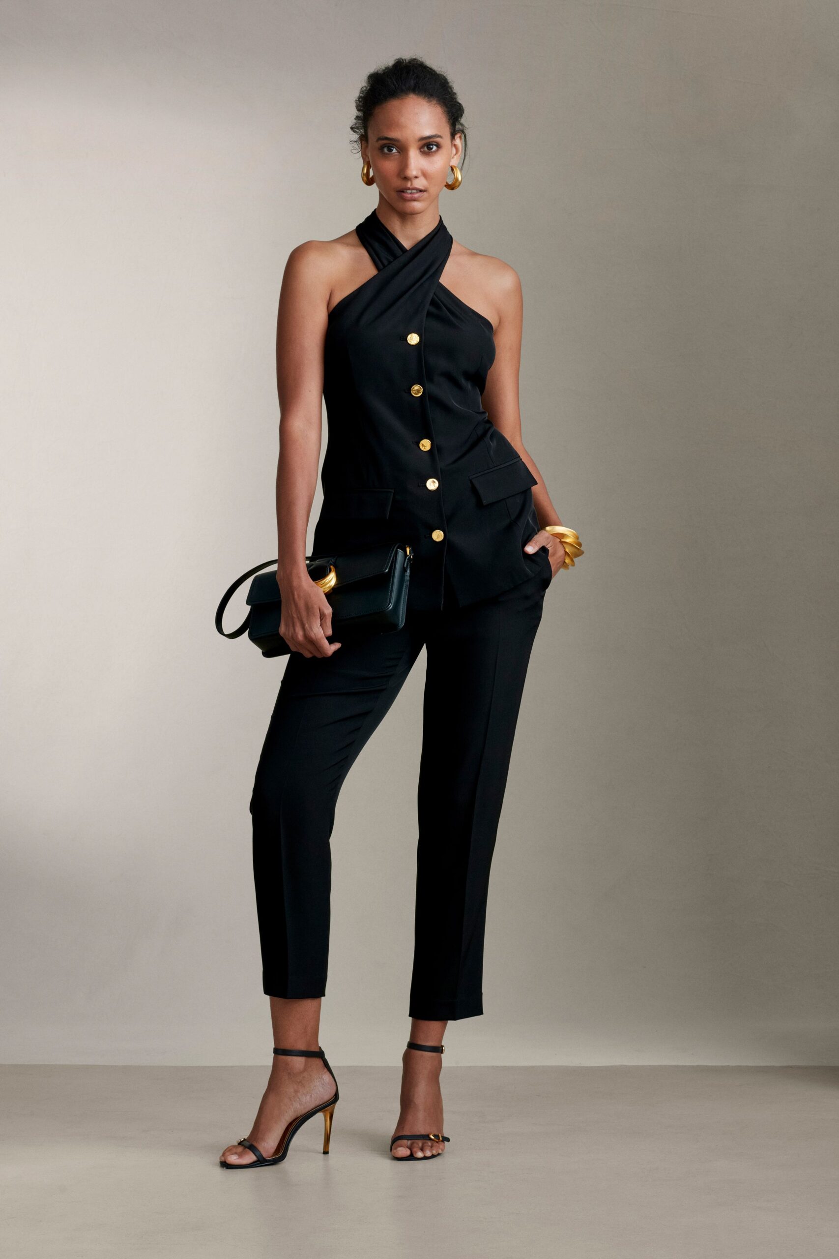 black cotton sleeveless v-neck fitted buttoned top