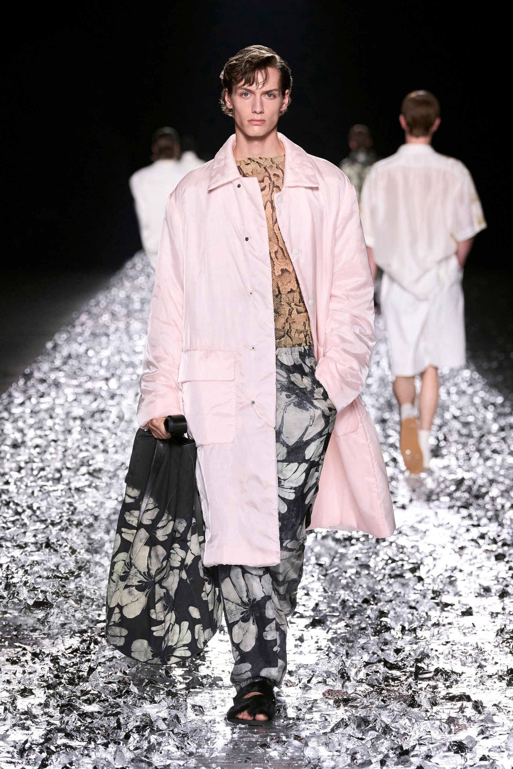 pink silk long-sleeve collared relaxed buttoned coat