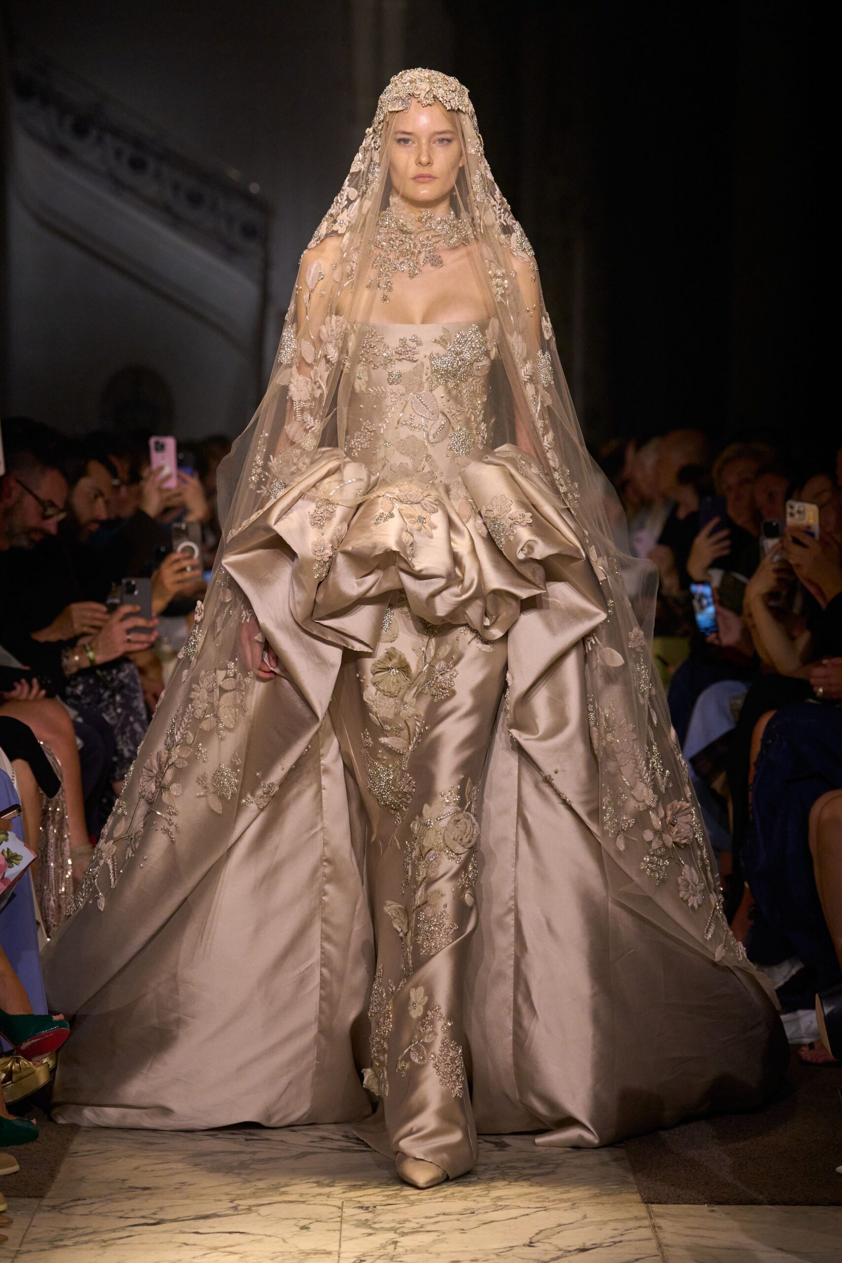 beige silk strapless fitted embroidered layered flowing gown