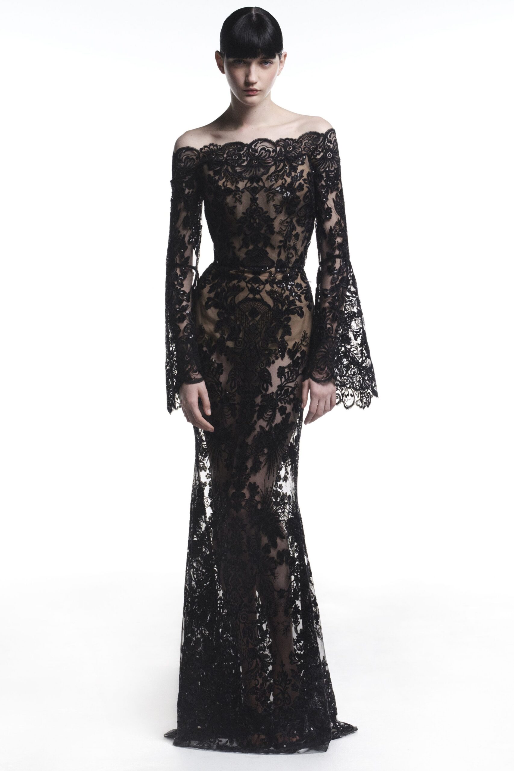 black lace off-shoulder gown