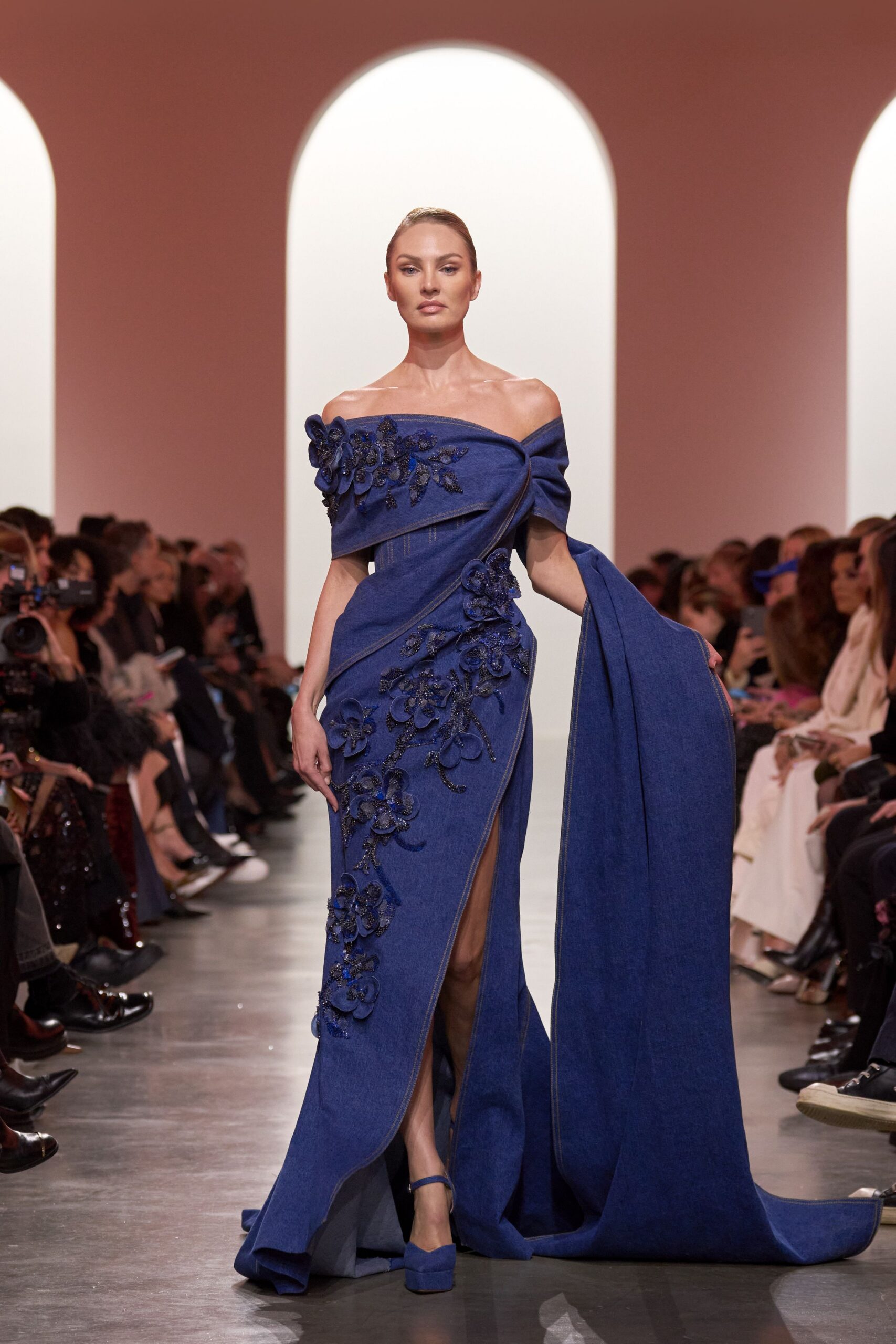 blue denim off-shoulder slit fitted embroidered draped gown