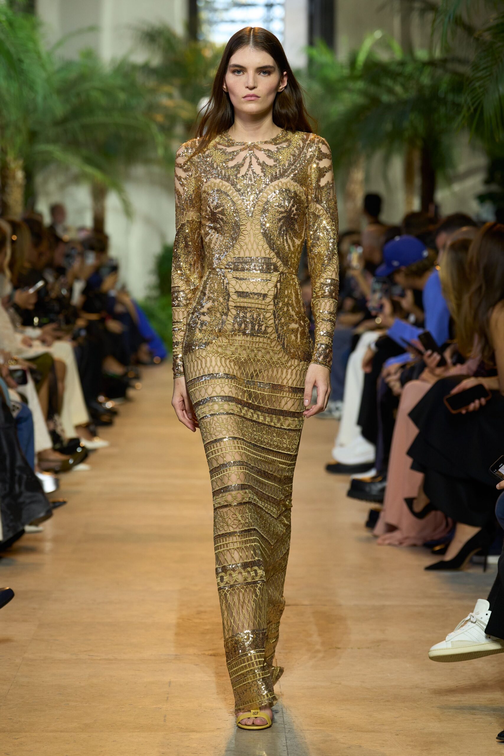 gold sequin long-sleeve v-neck fitted embellished draped gown
