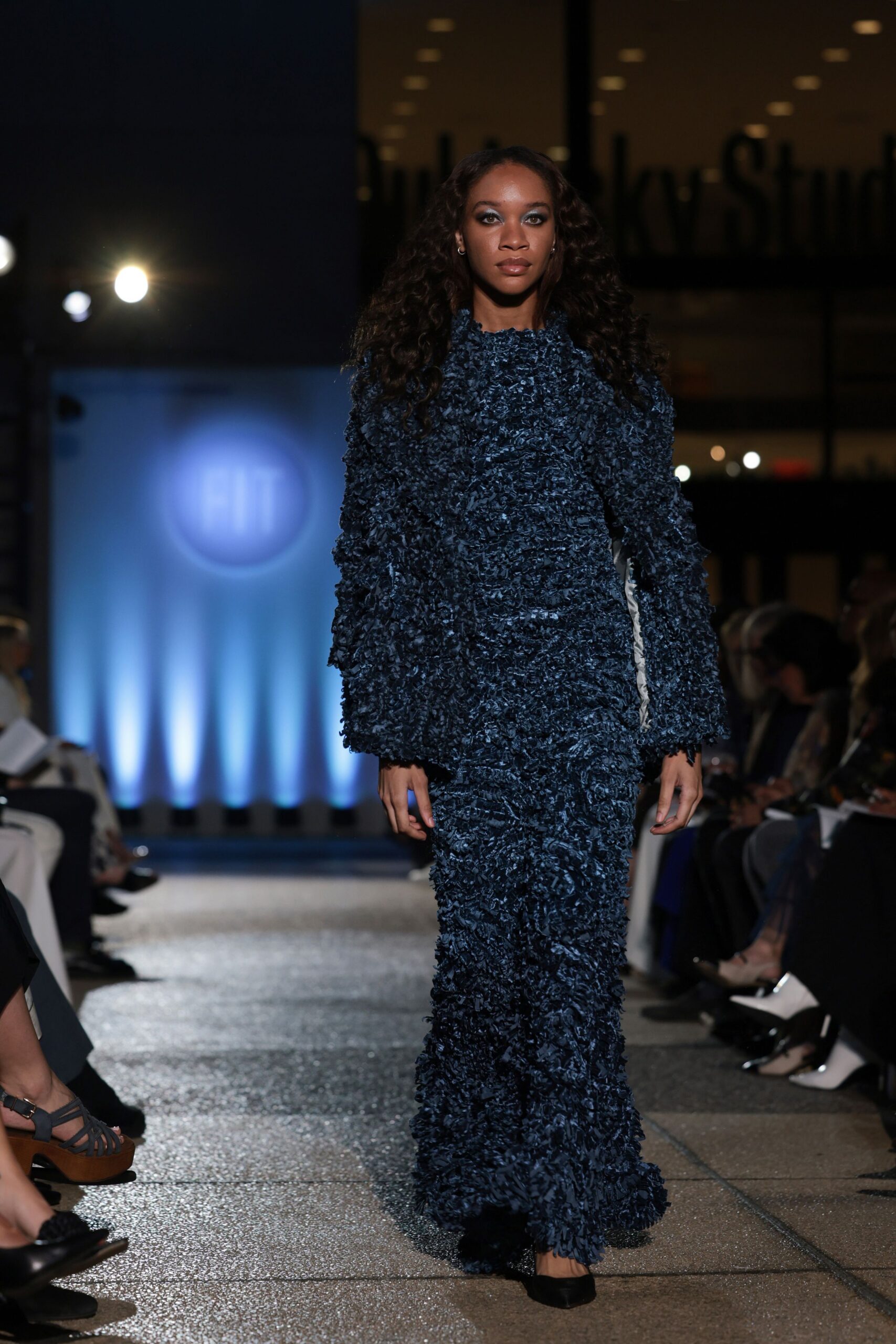 blue silk long-sleeve fitted ruffled textured maxi gown