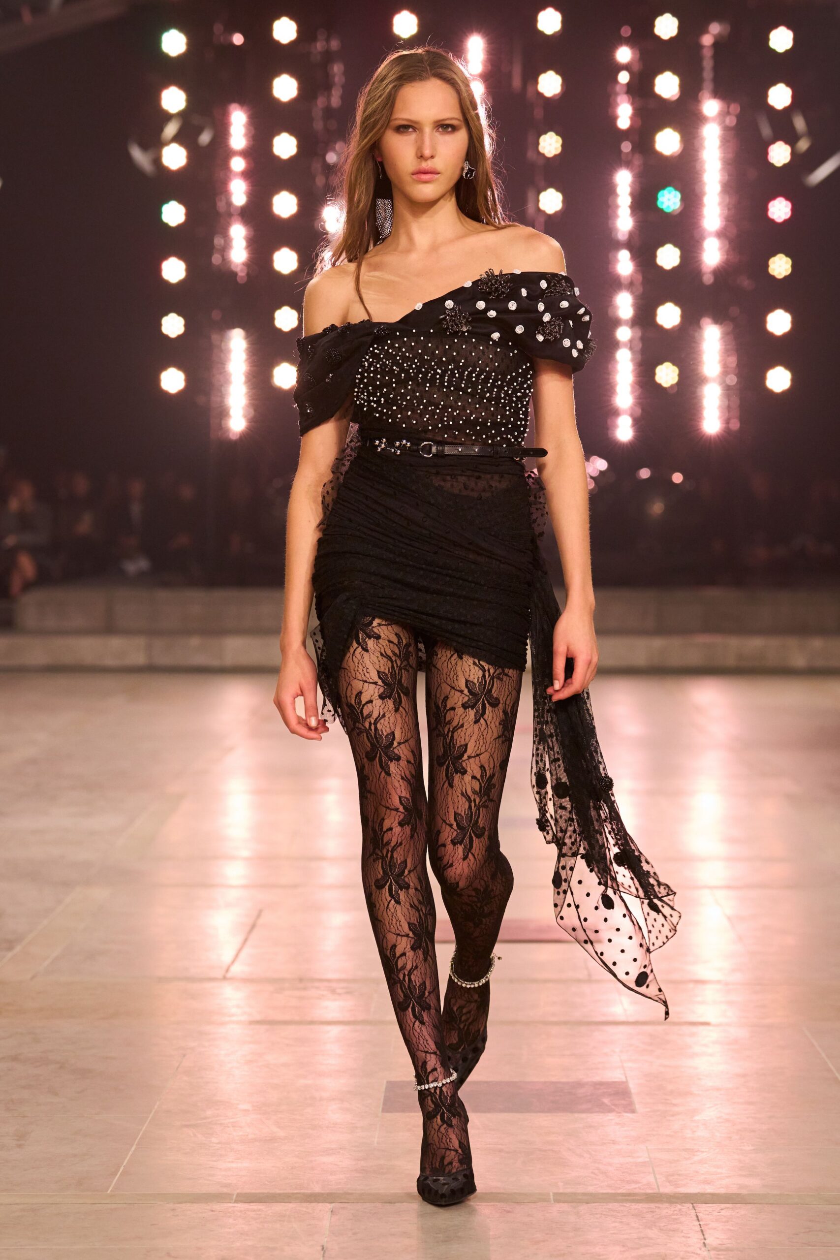 black silk off-shoulder short-sleeve fitted ruffled embellished dress