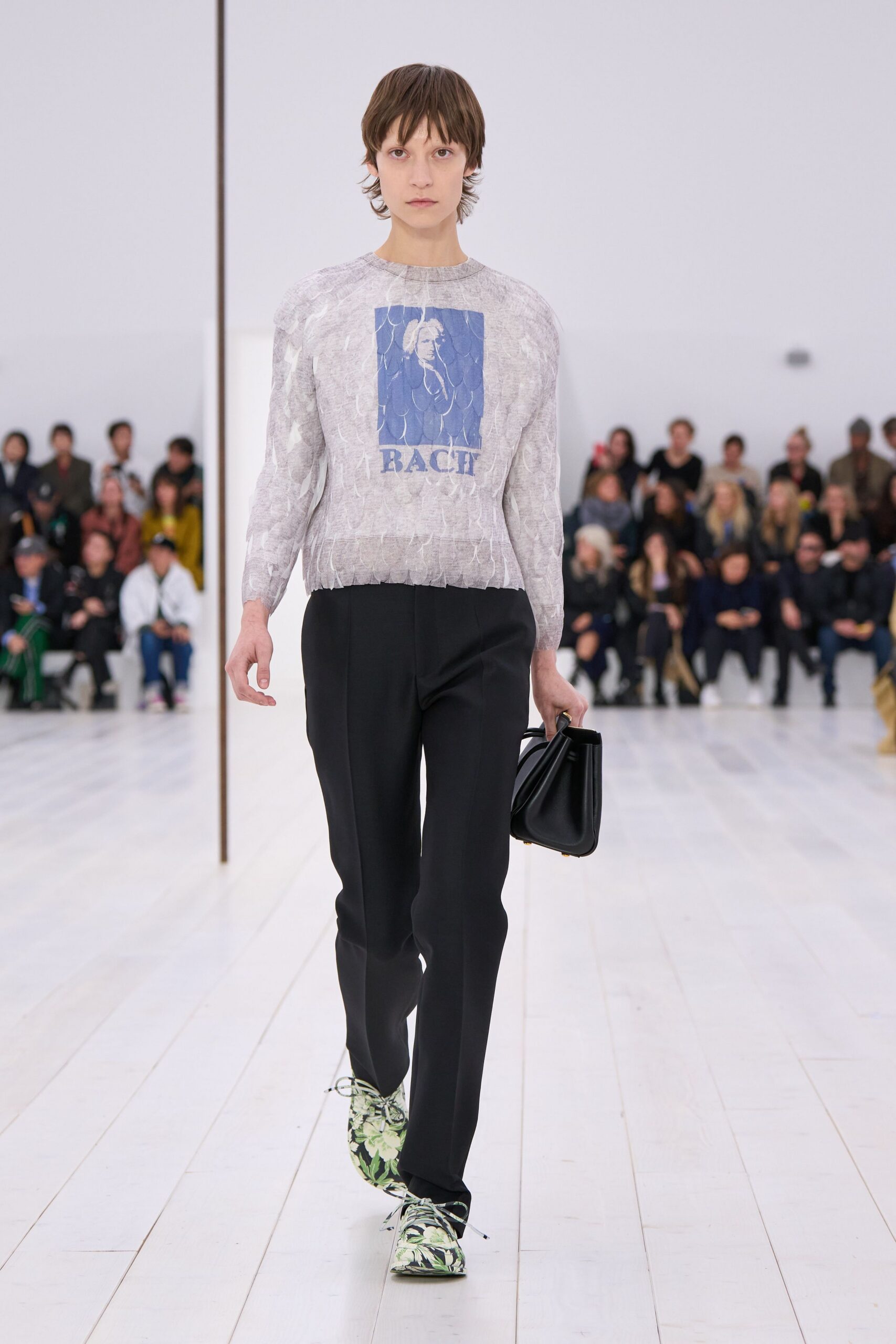 white mesh long-sleeve collared fitted printed sheer top