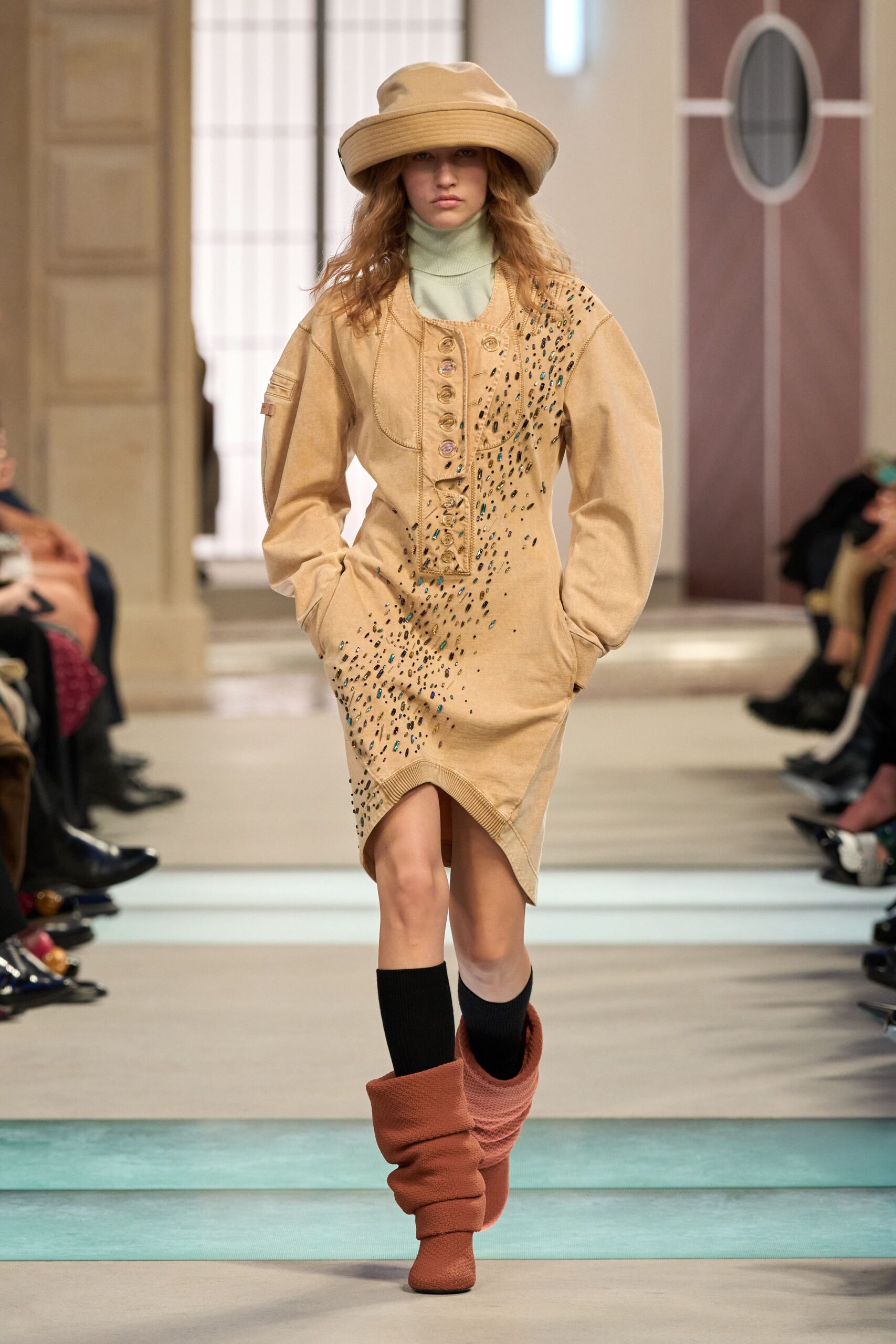 beige cotton long-sleeve collared relaxed embroidered short dress