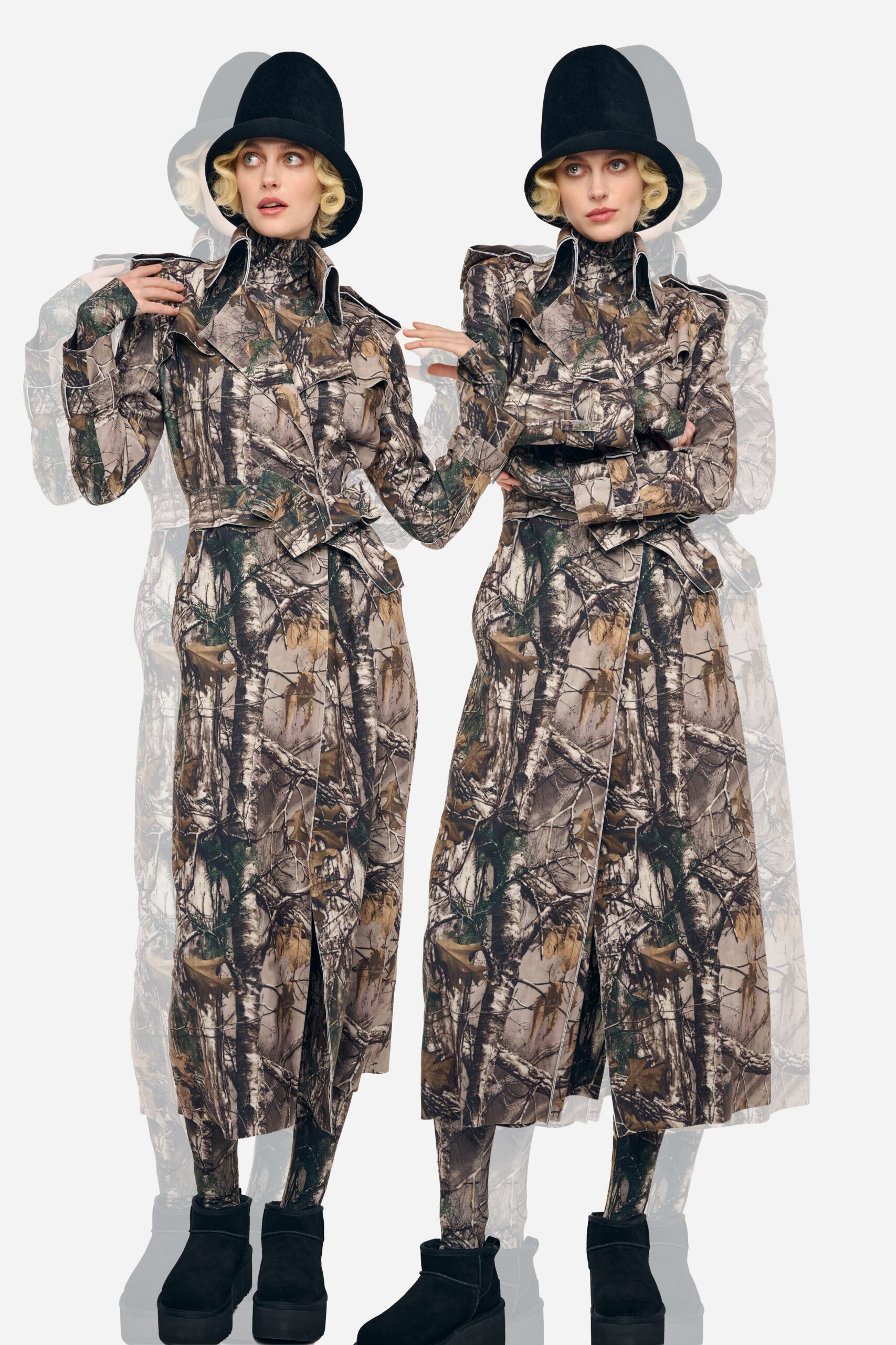 multi vinyl long-sleeve collared fitted belted printed trench