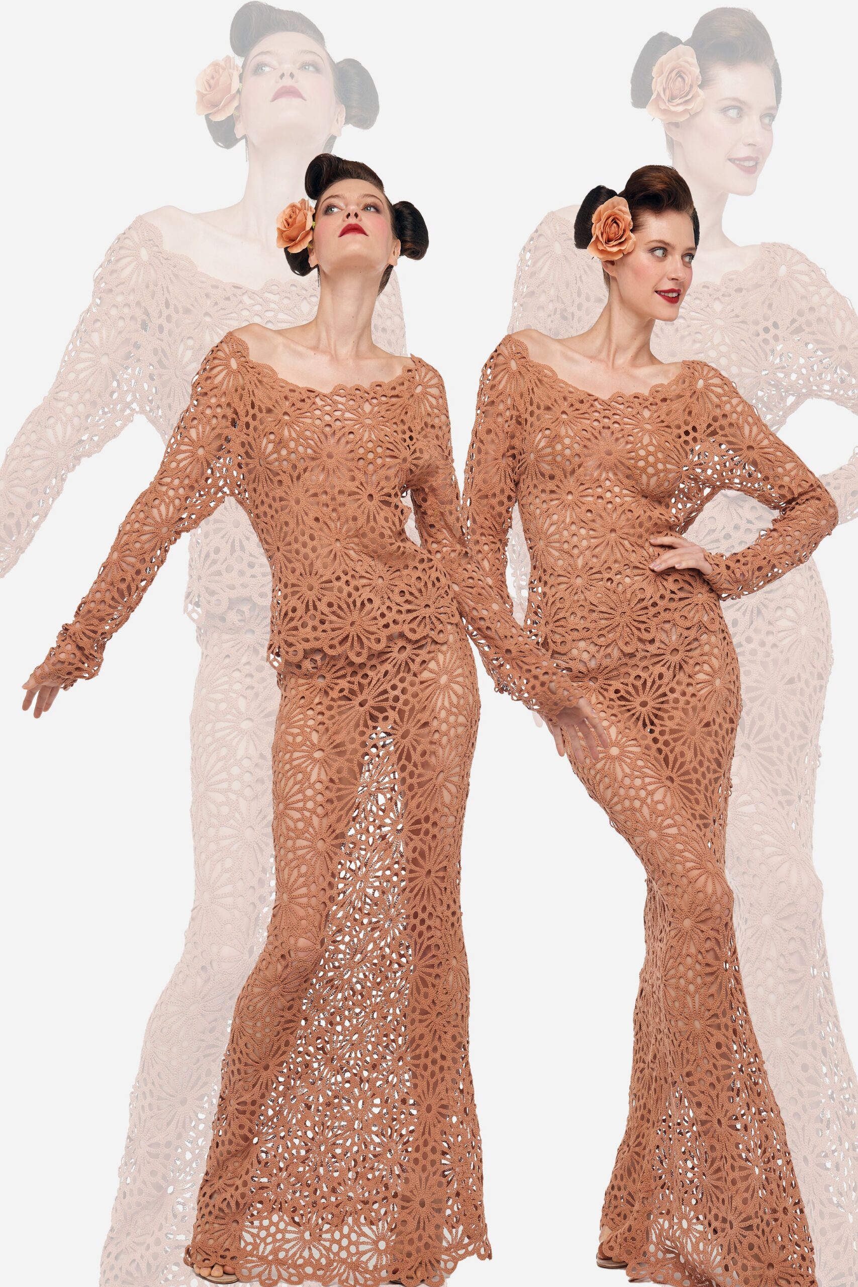 beige lace off-shoulder gown