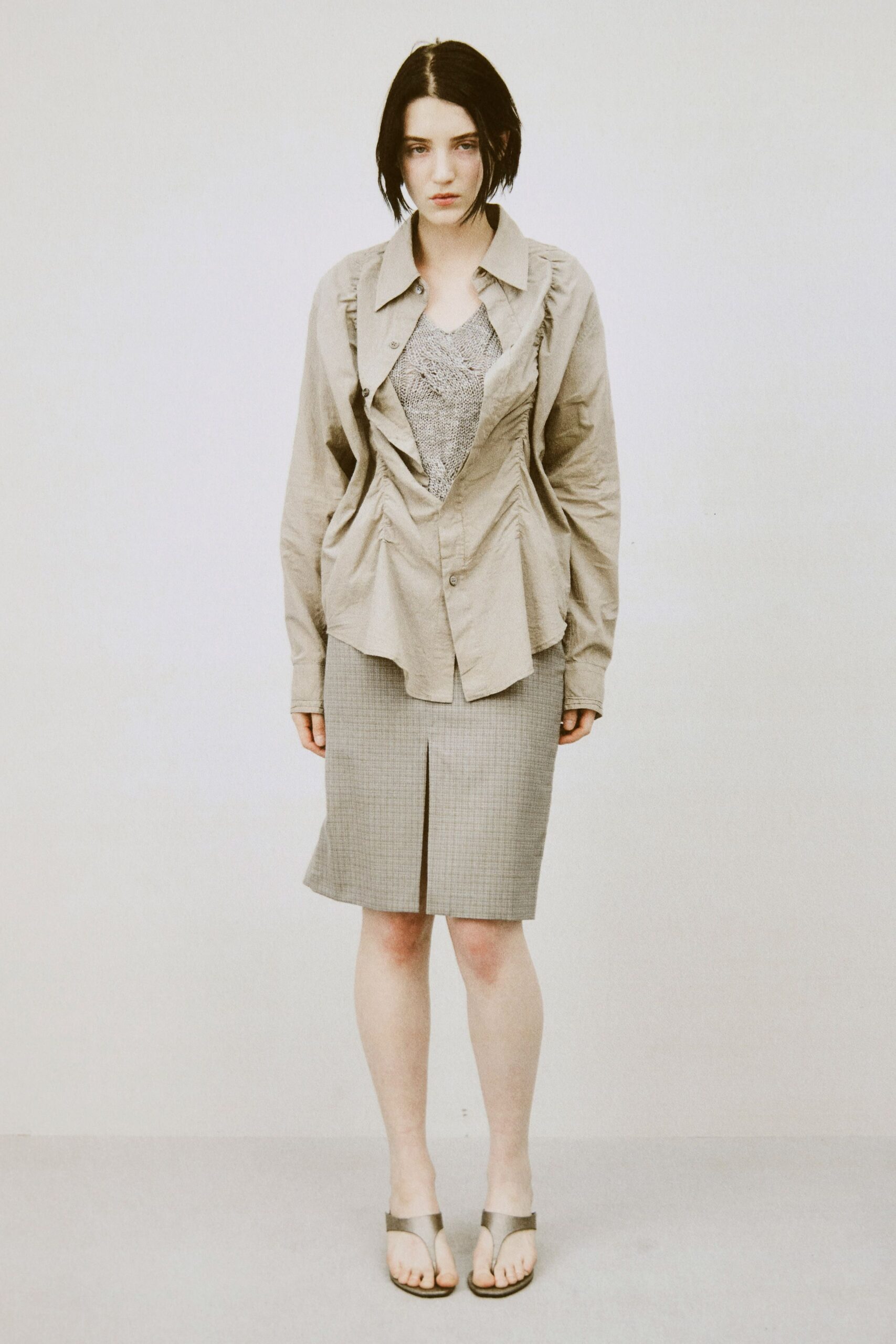 beige fitted shirt gray pencil skirt