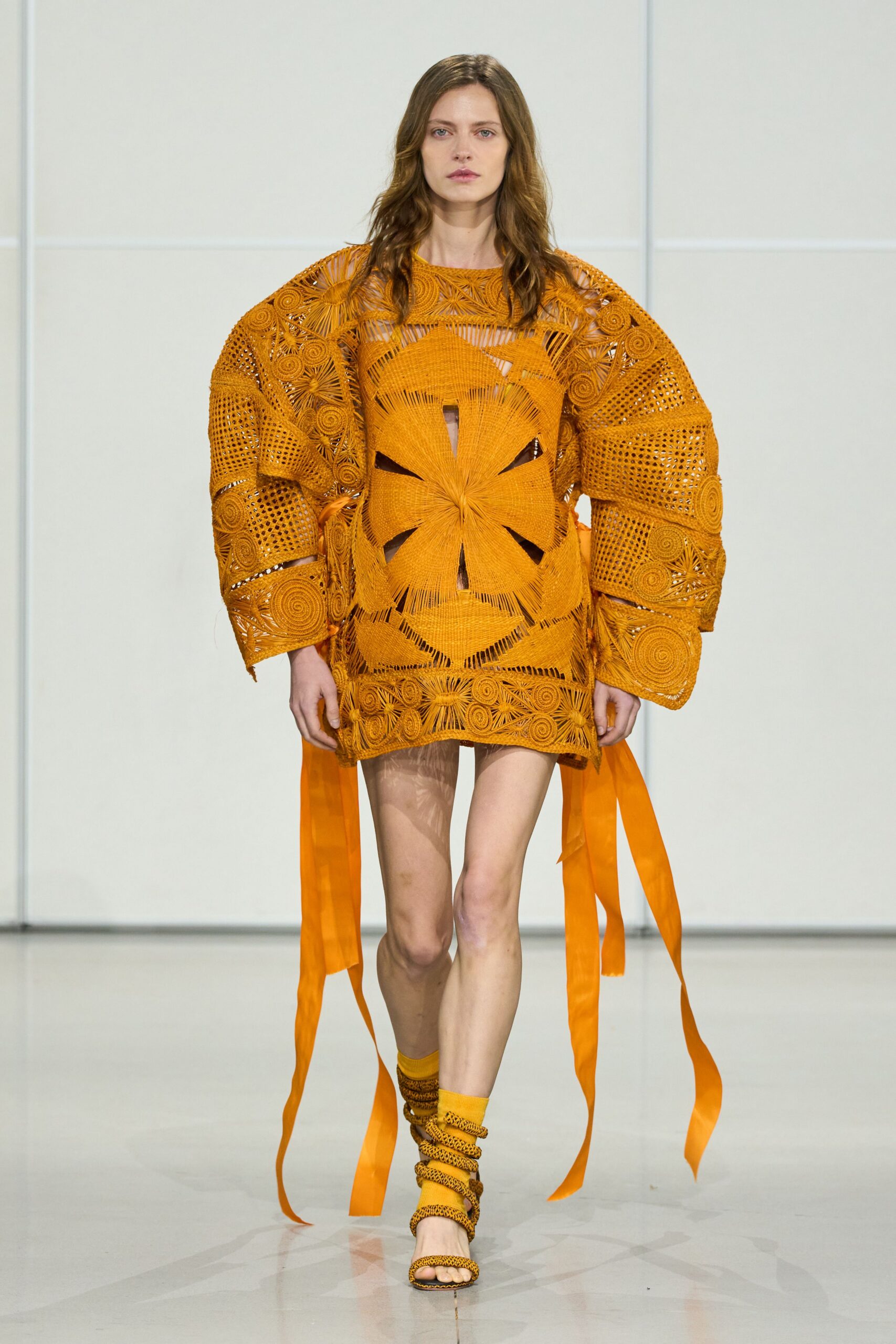 orange cotton long-sleeve relaxed embroidered mini dress