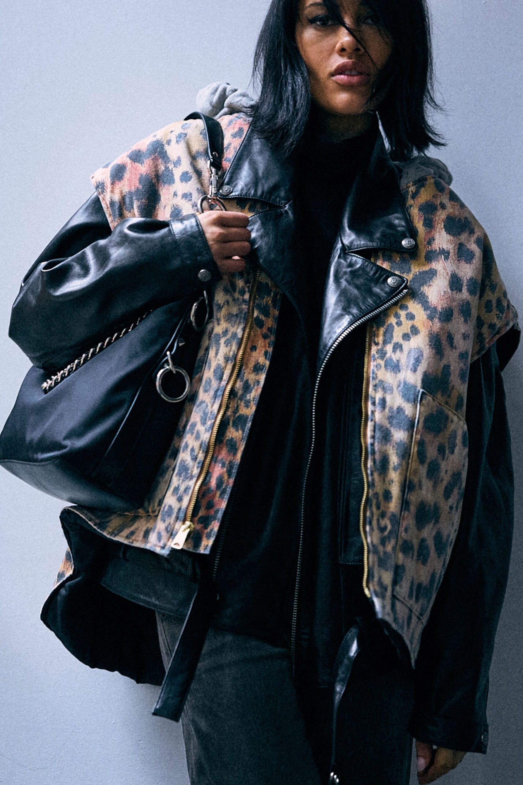 black leather long-sleeve oversized animal-print zippered jacket