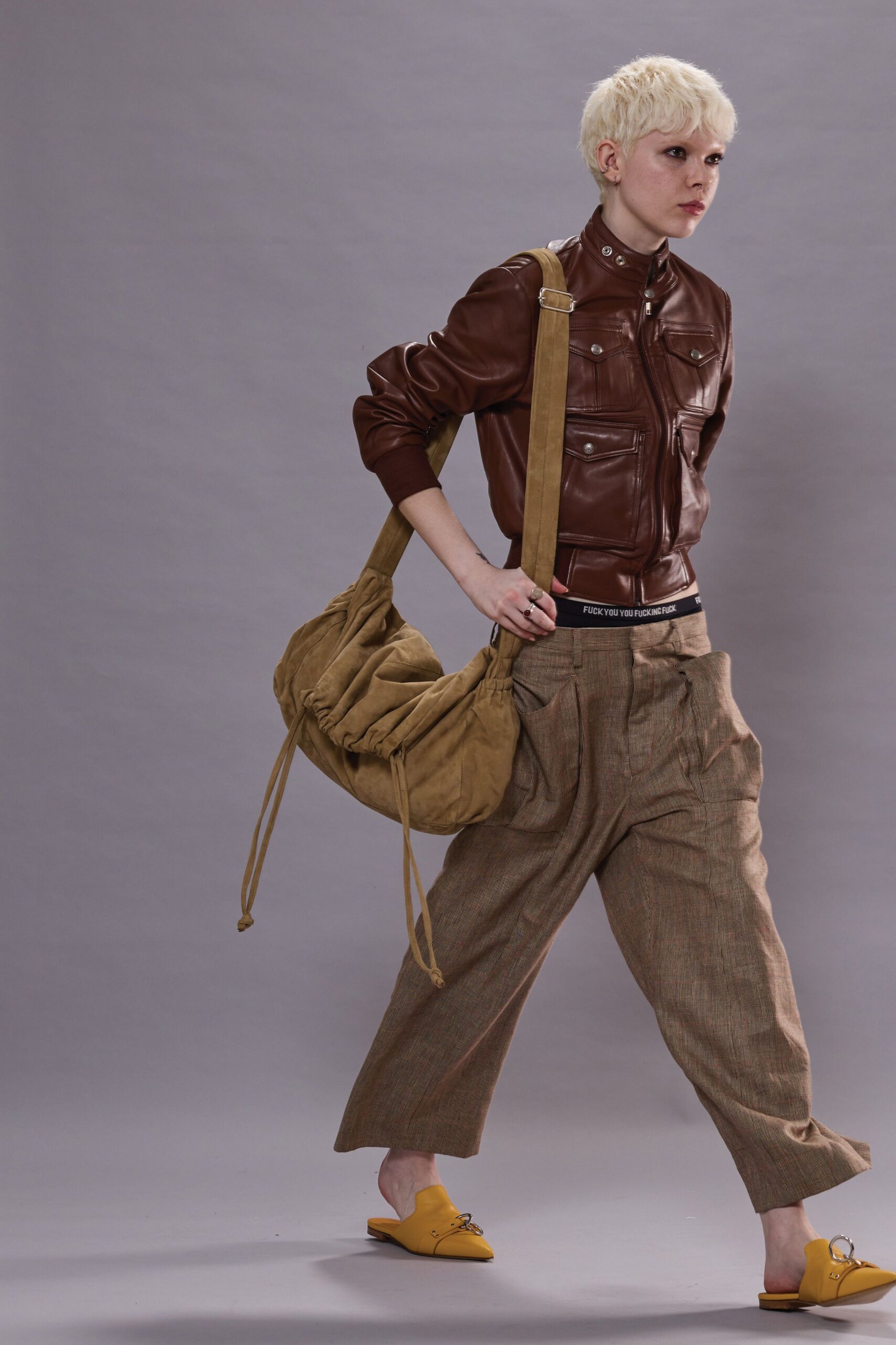 brown leather long-sleeve collared fitted buttoned jacket