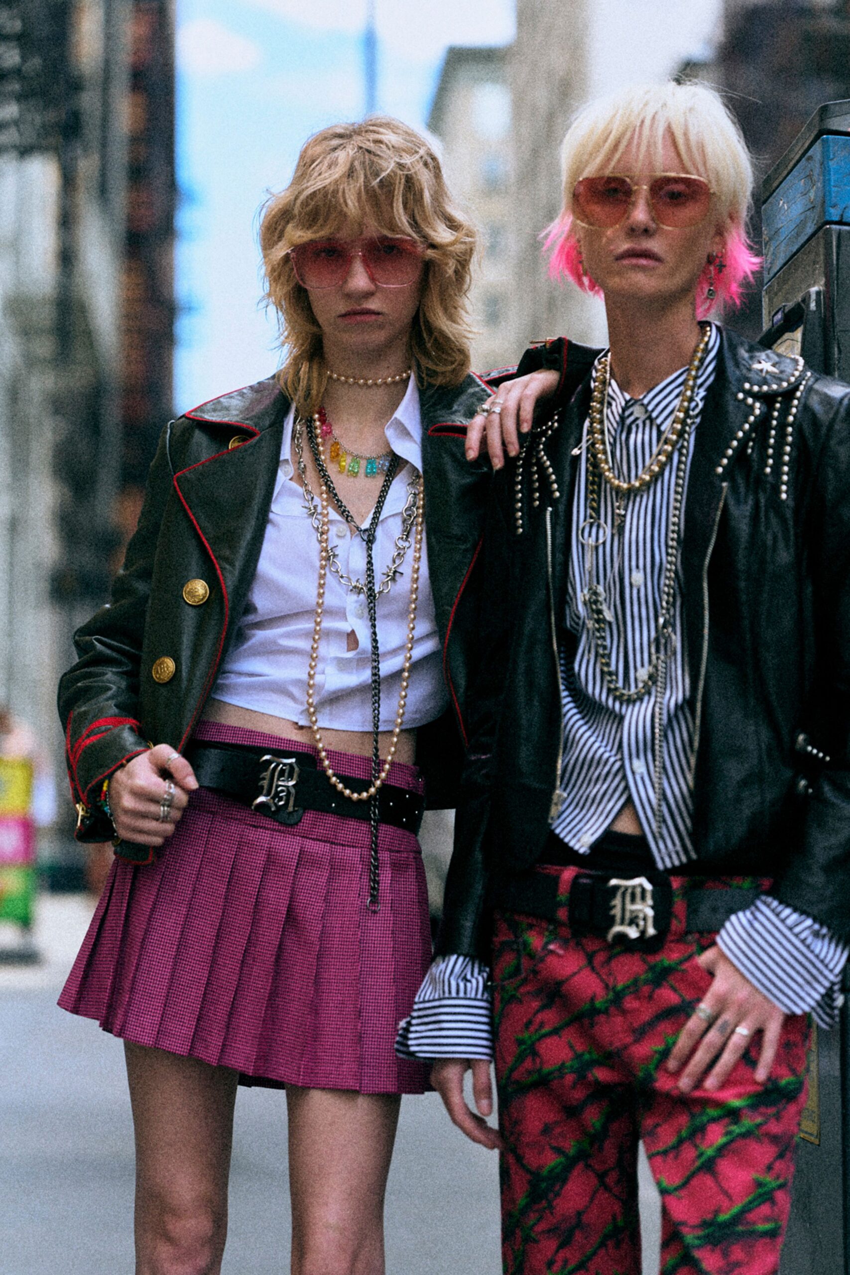 black leather jacket with pink skirt