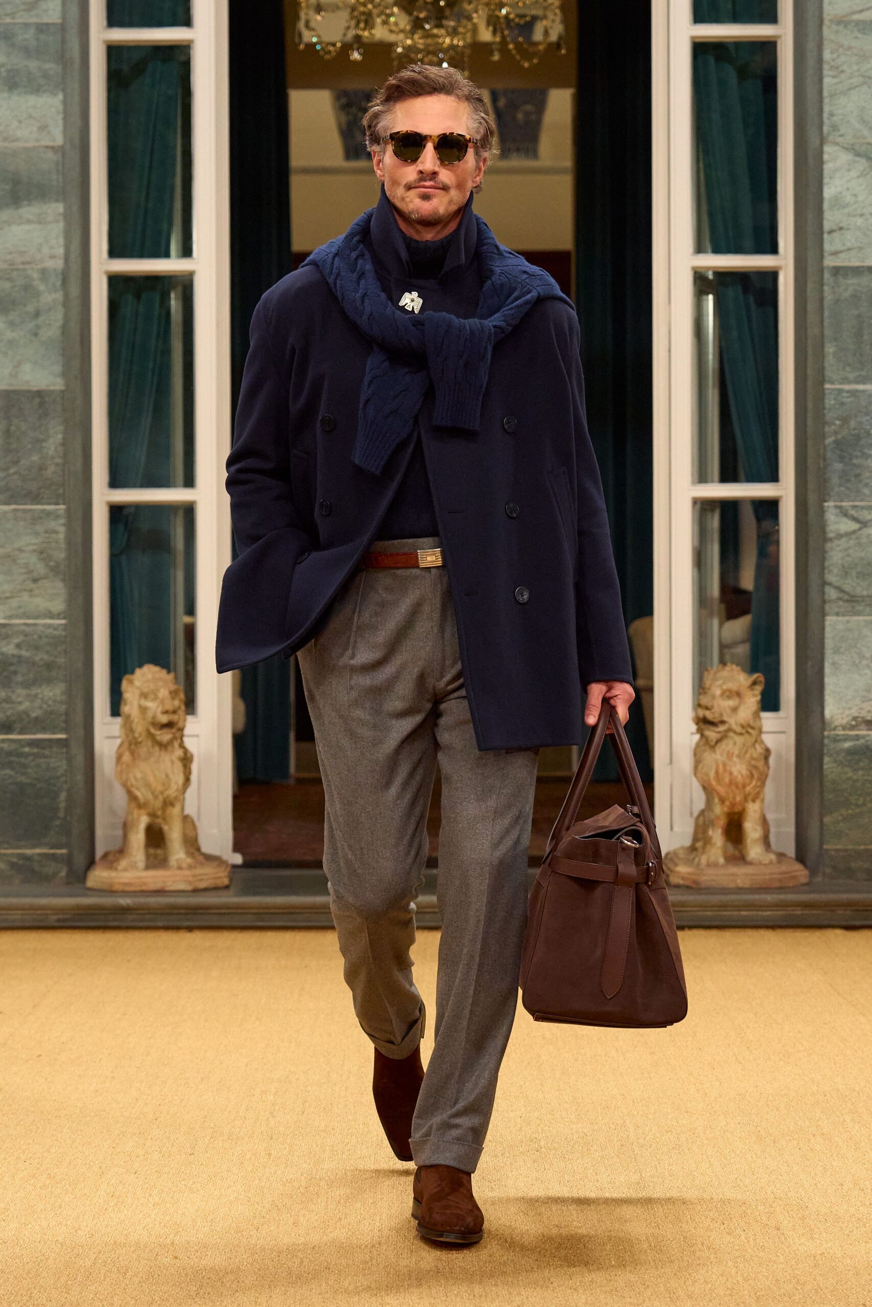 blue wool long-sleeve double-breasted tailored coat