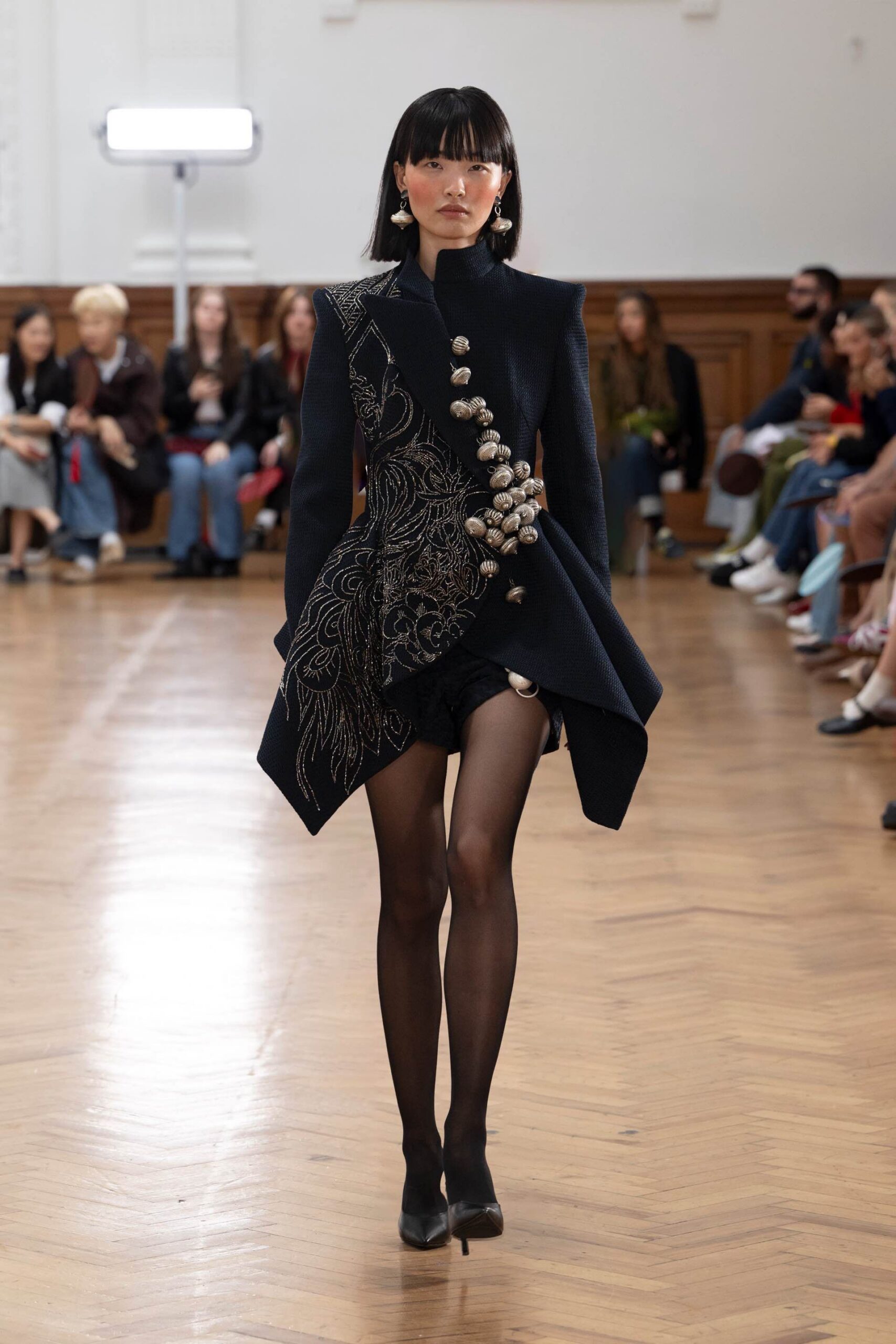 black wool long-sleeve asymmetric fitted embroidered mini dress