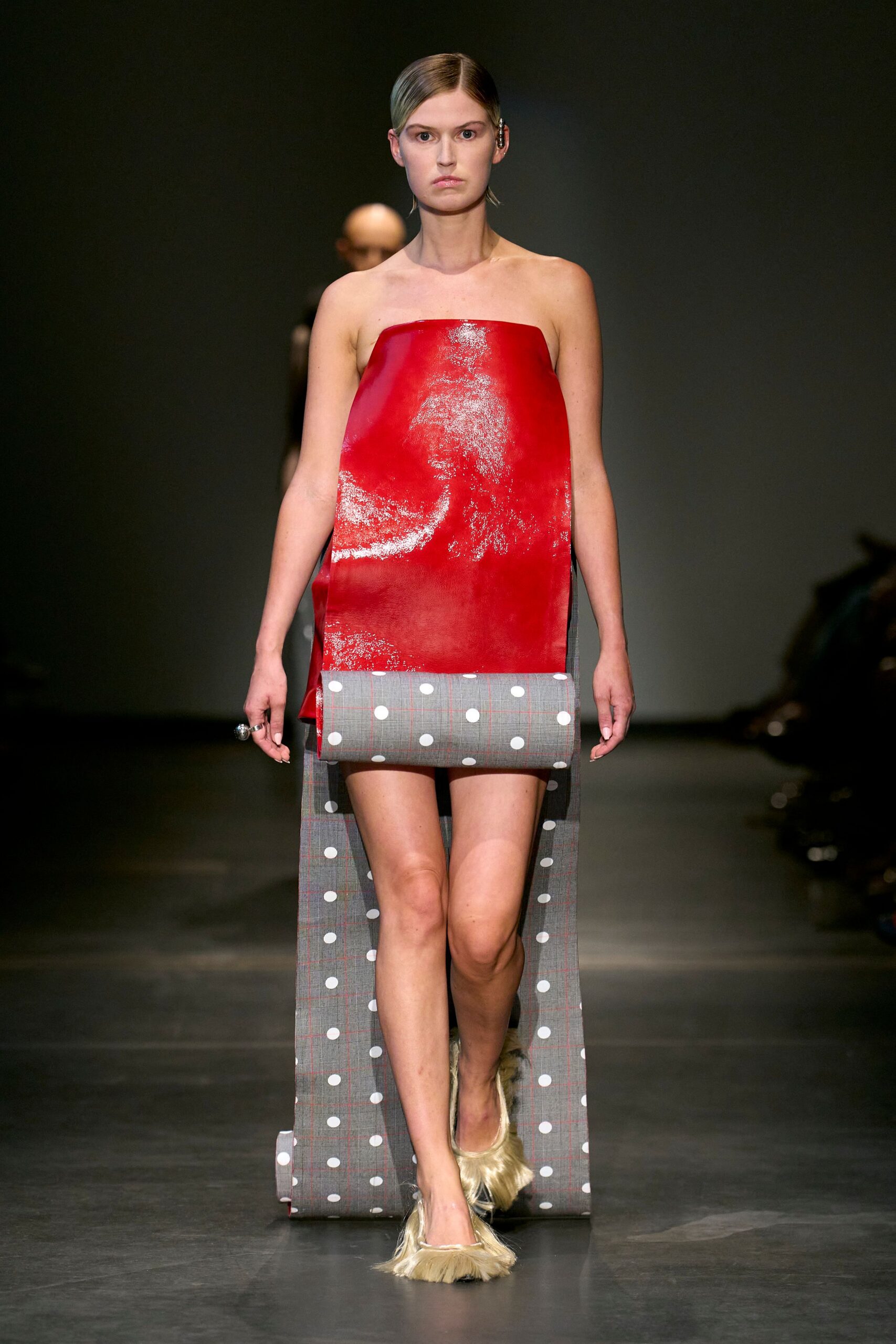 red vinyl strapless fitted pleated polka-dot shiny dress