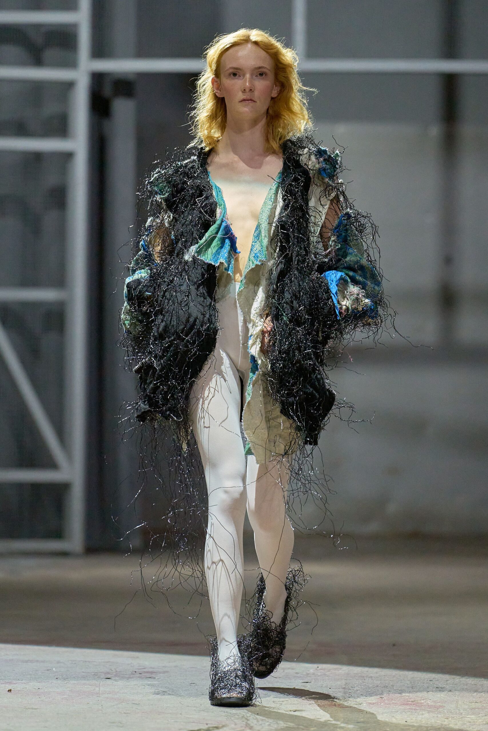 multi cotton long-sleeve collared relaxed layered fringed coat