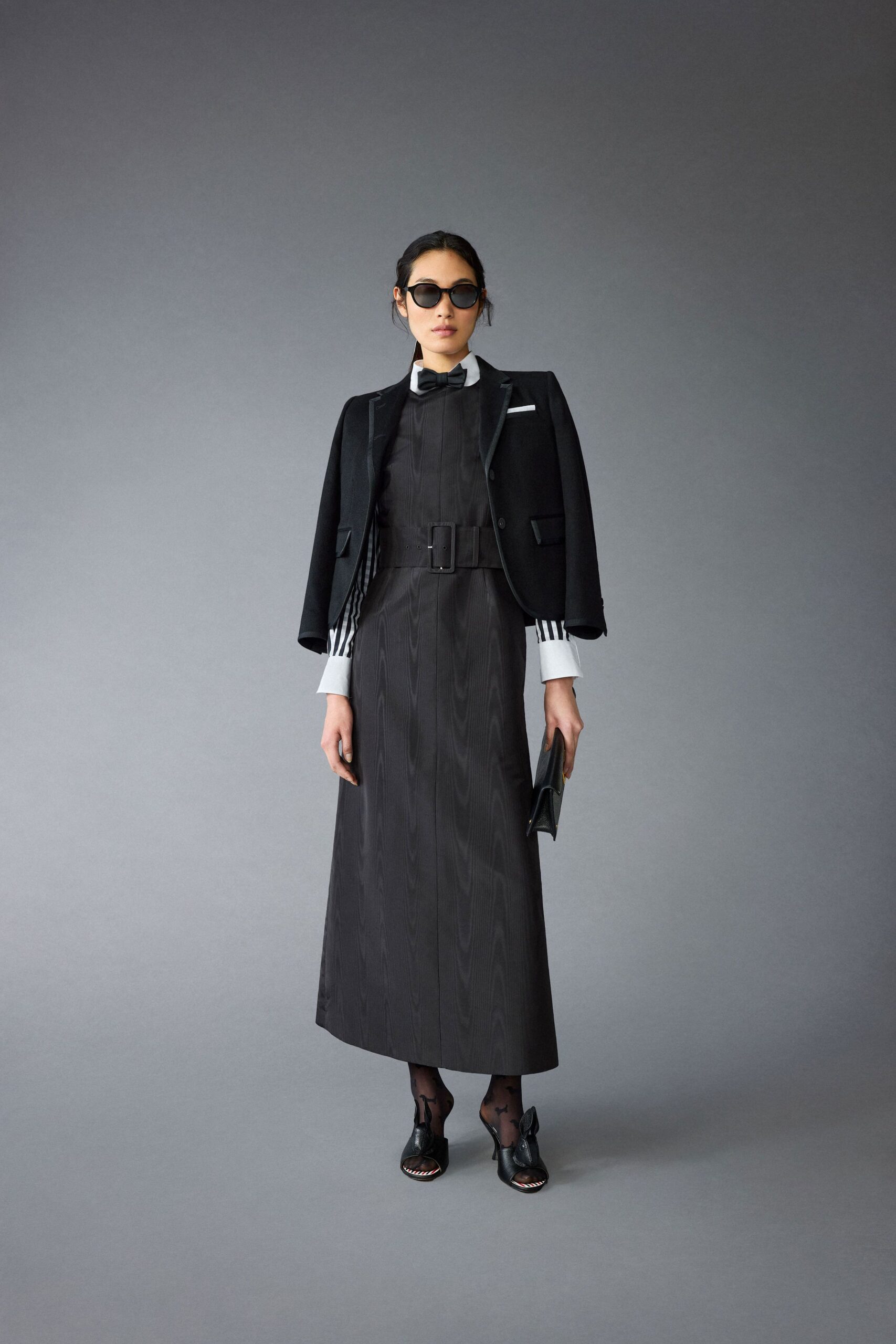black silk long-sleeve collared fitted pleated maxi dress