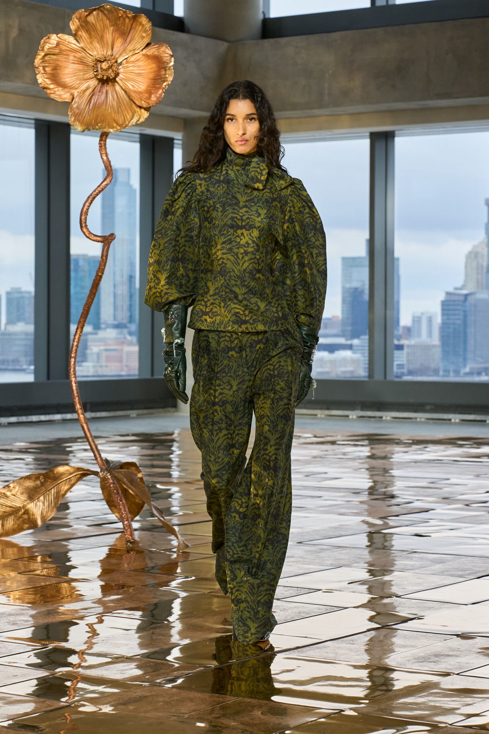 green silk relaxed flared pants
