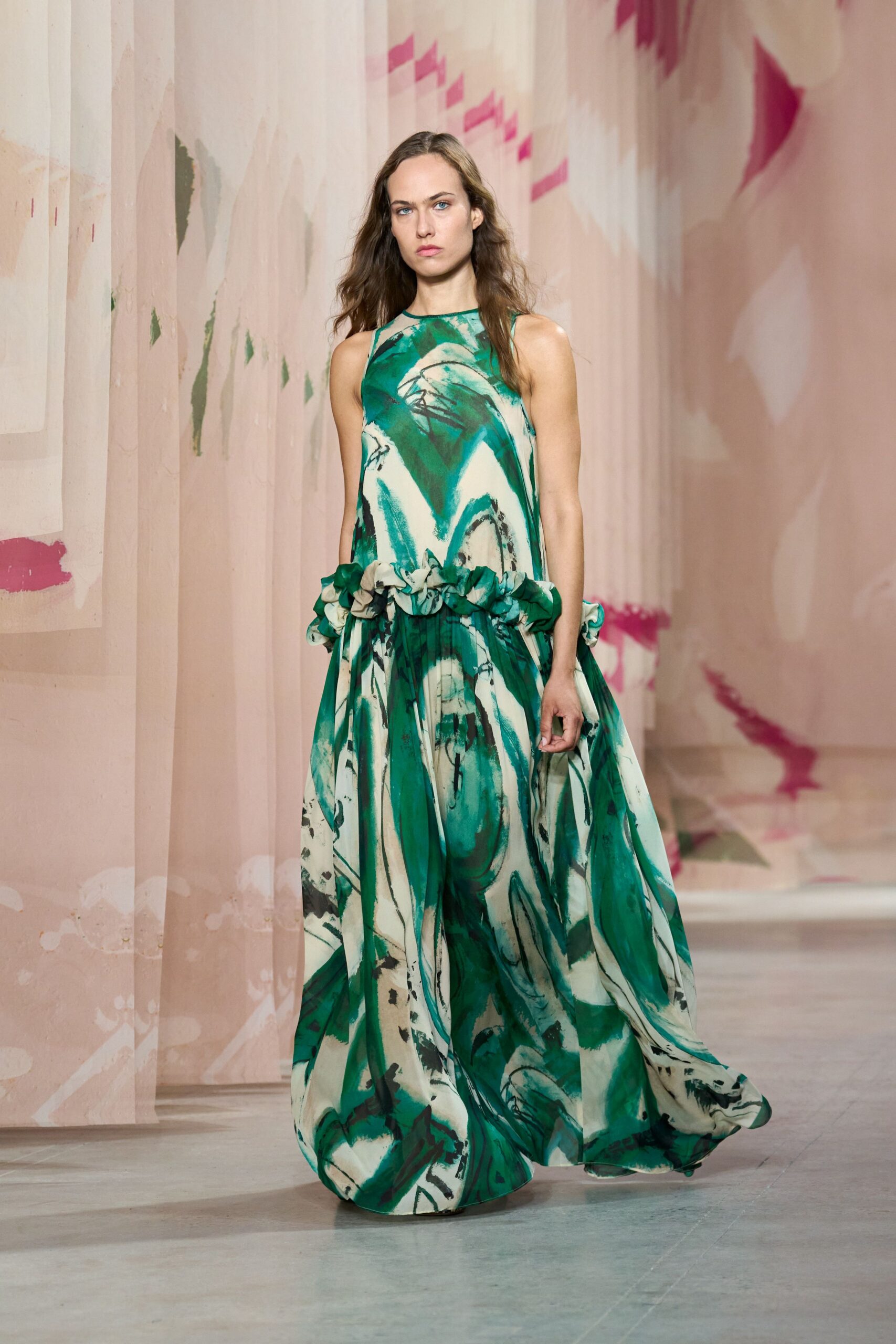 green and white ruffled maxi dress