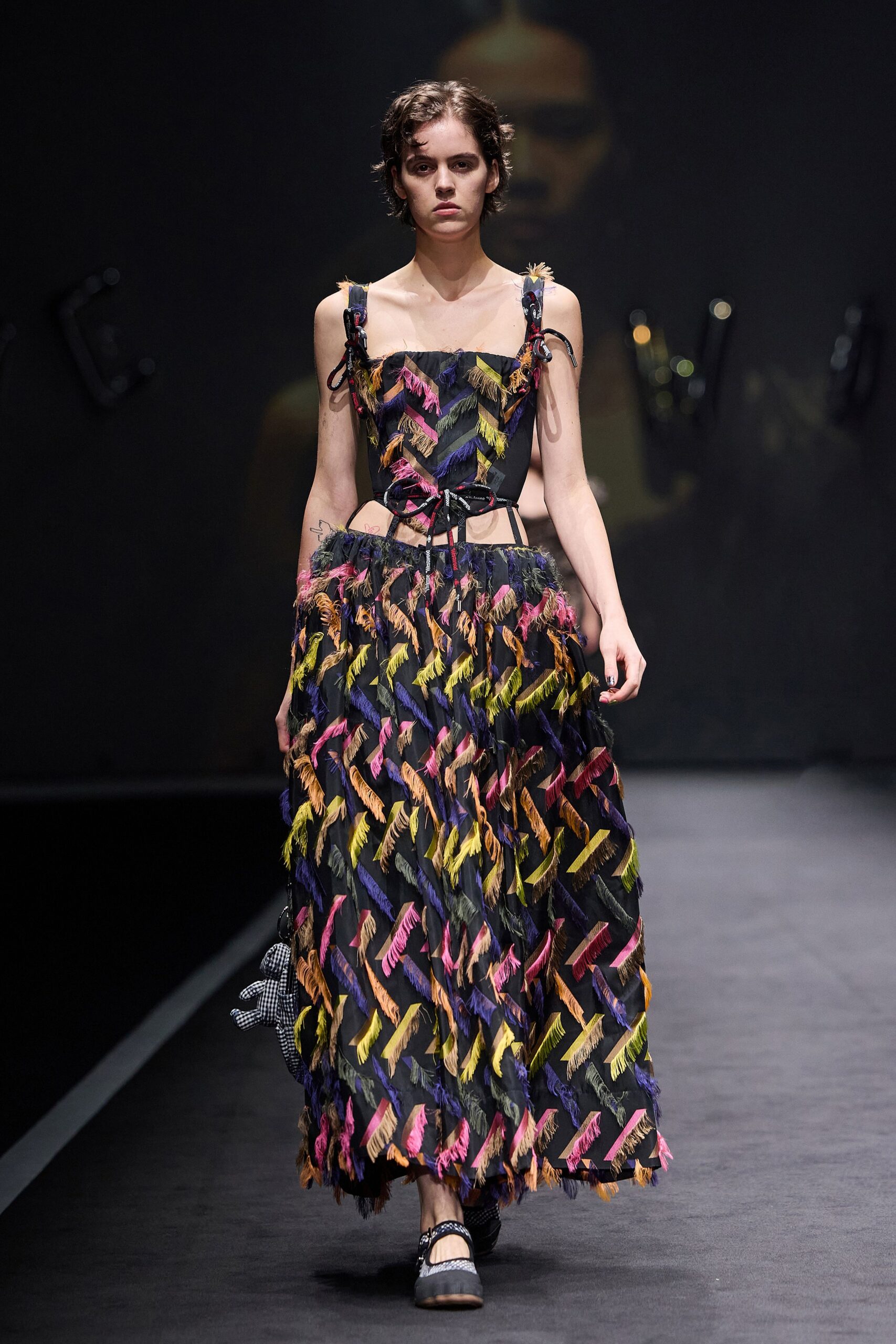 black multi-colored fringed maxi dress