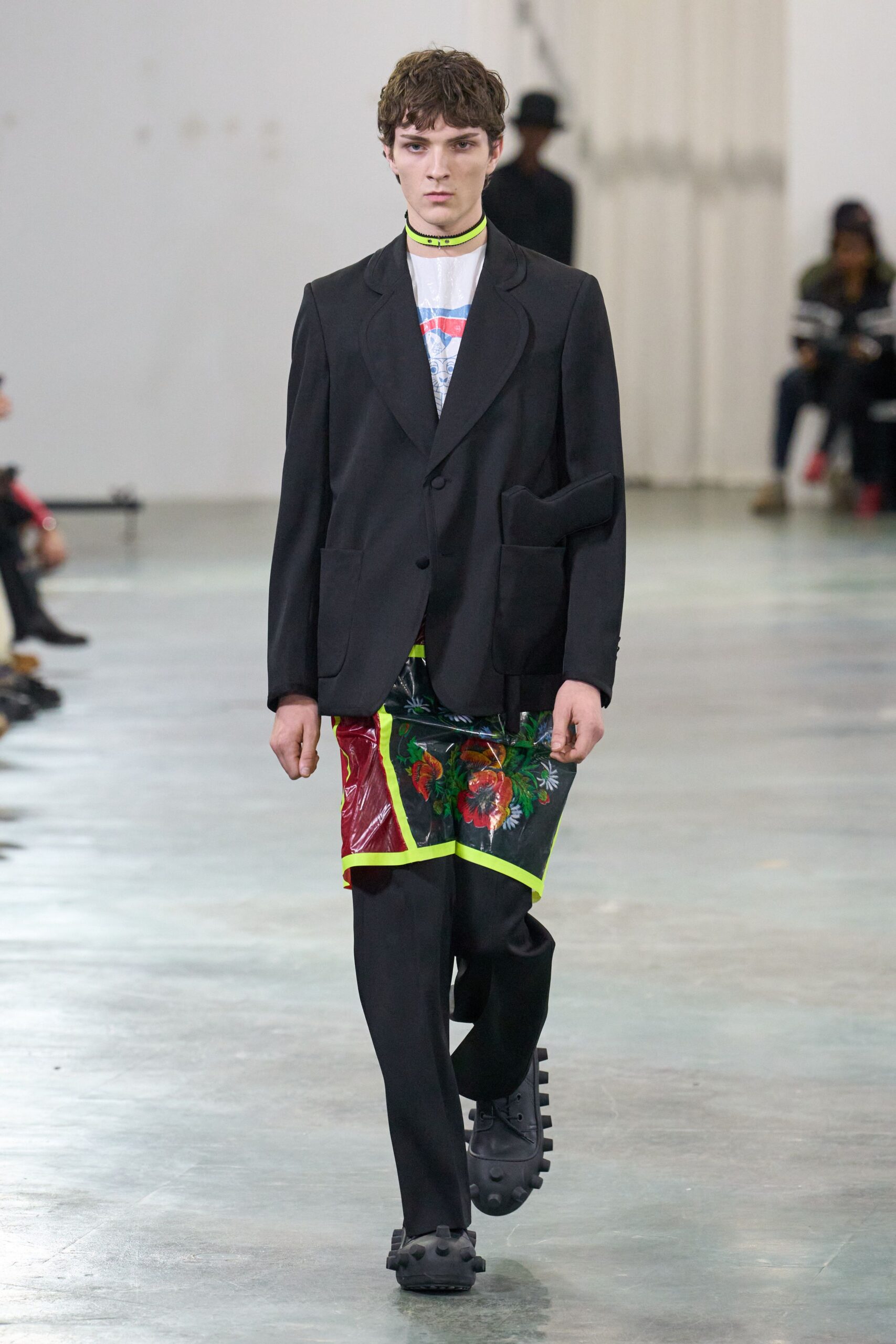 black blazer with multi printed skirt