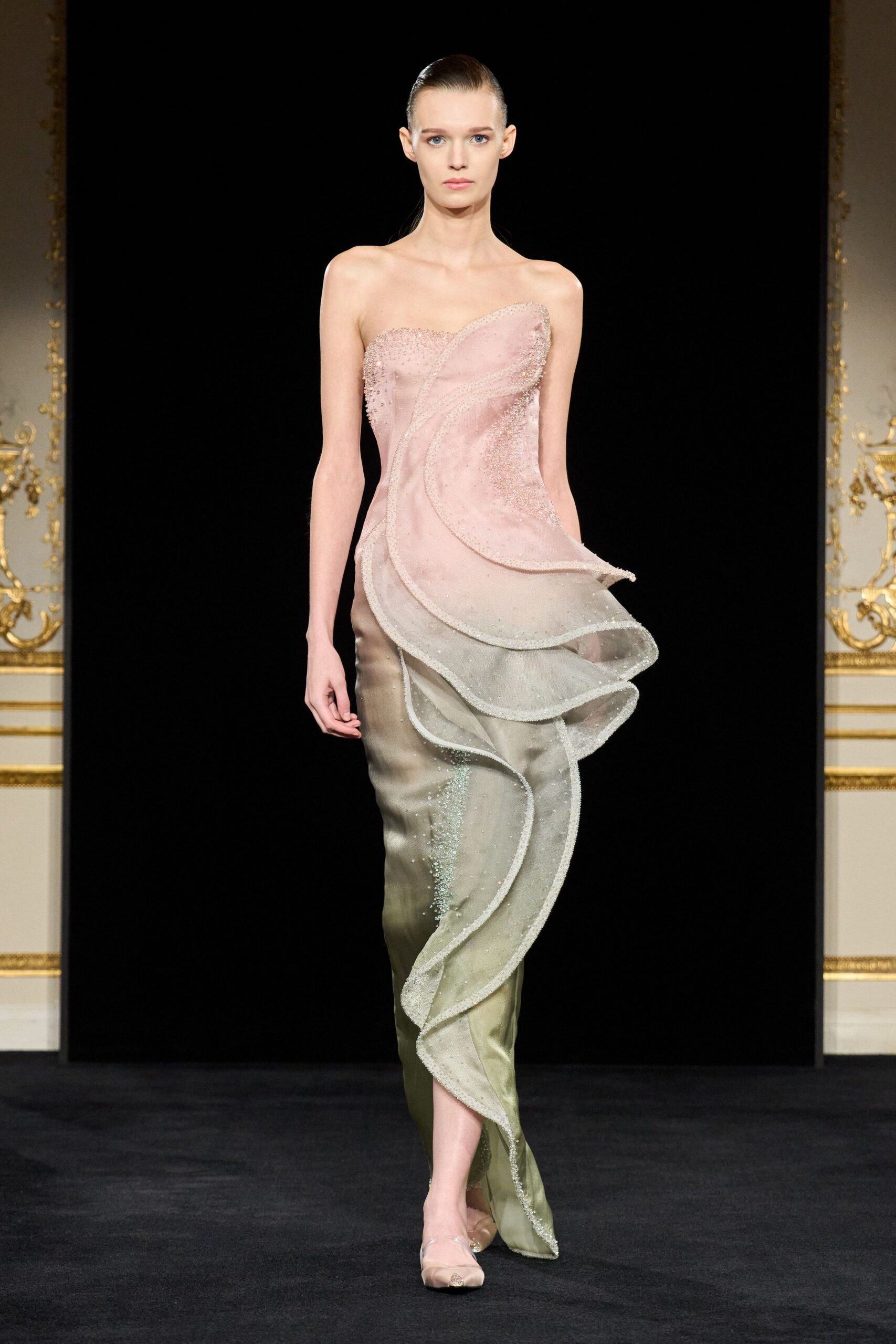 pink silk strapless fitted draped flowing maxi gown
