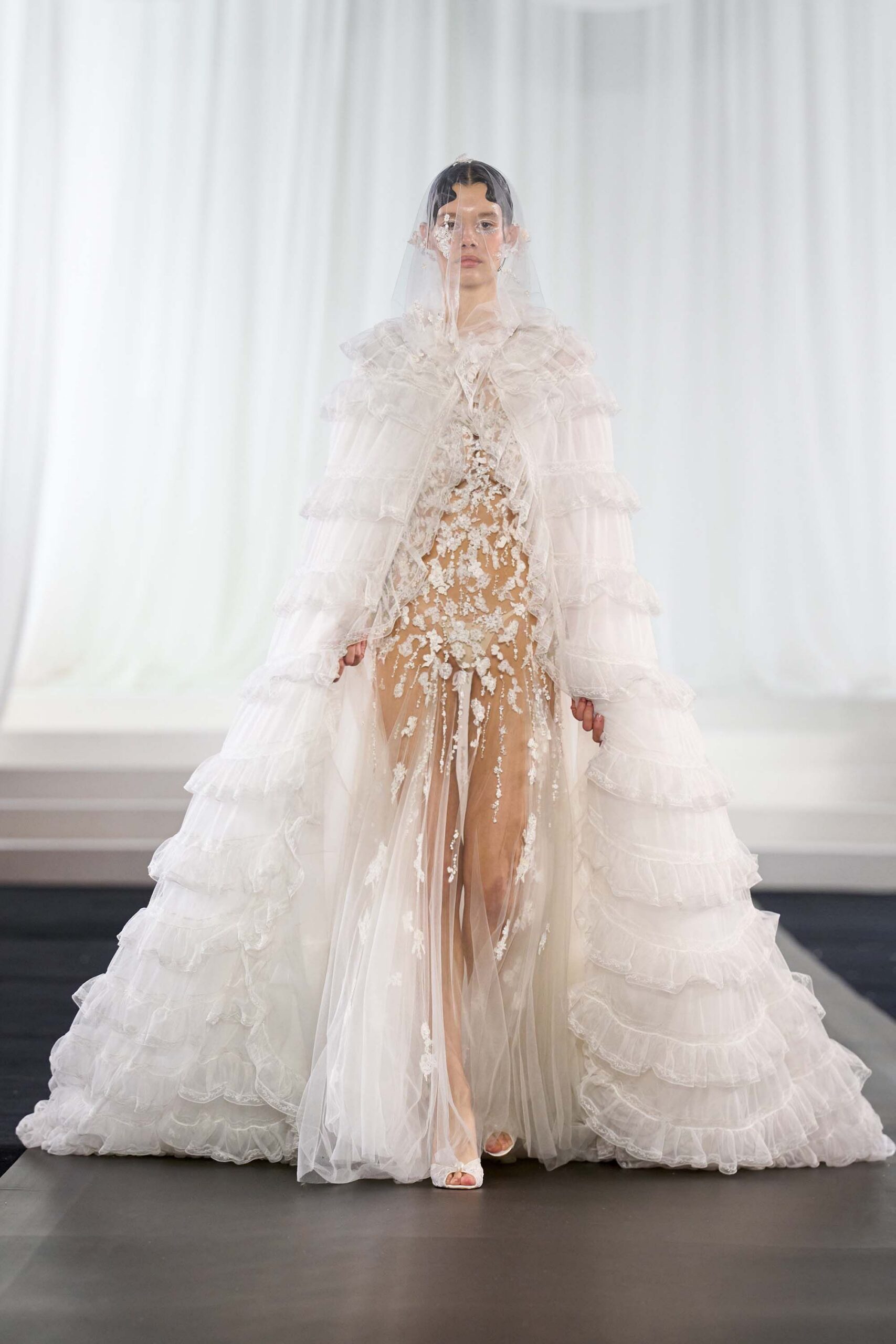 white tulle oversized layered cape