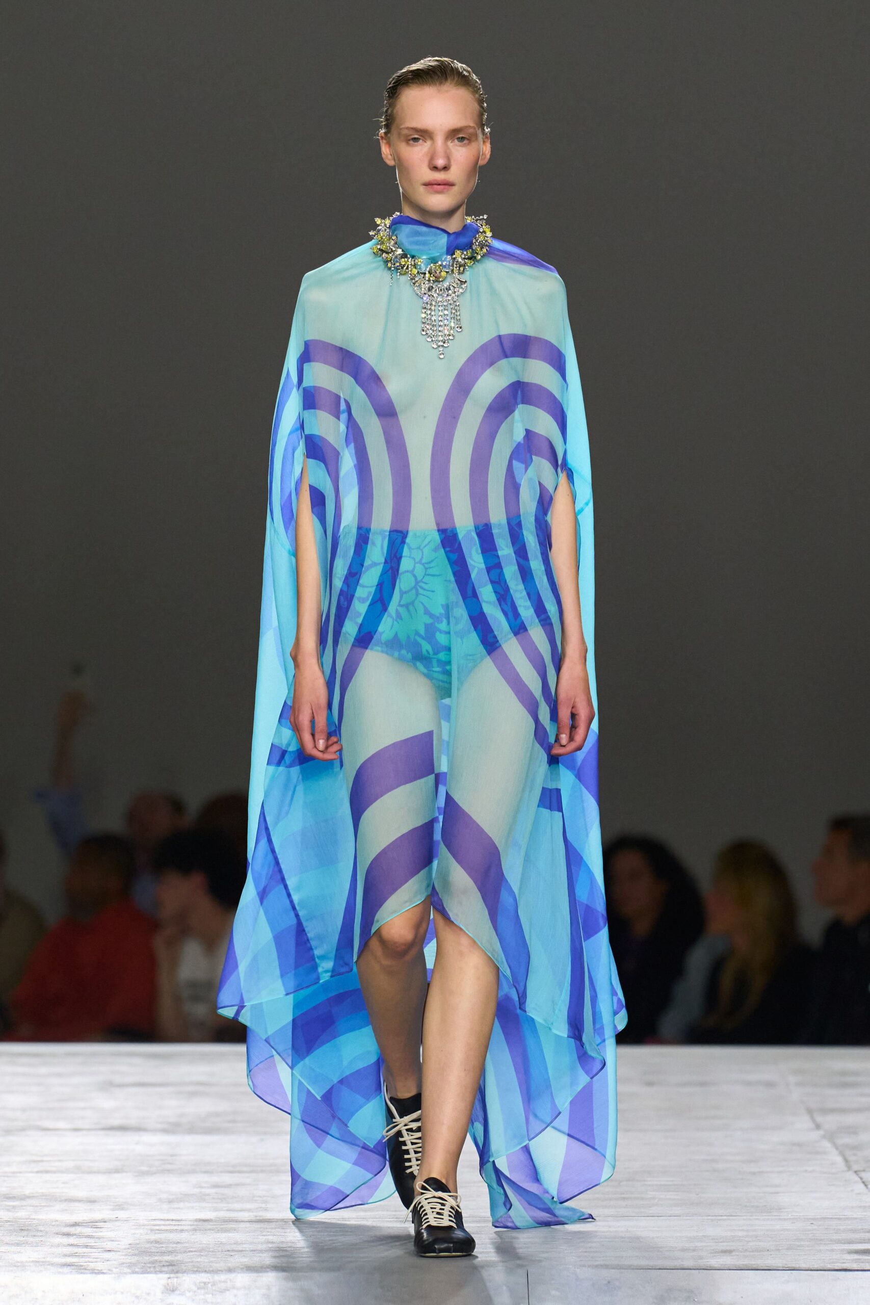 blue printed cape and bodysuit