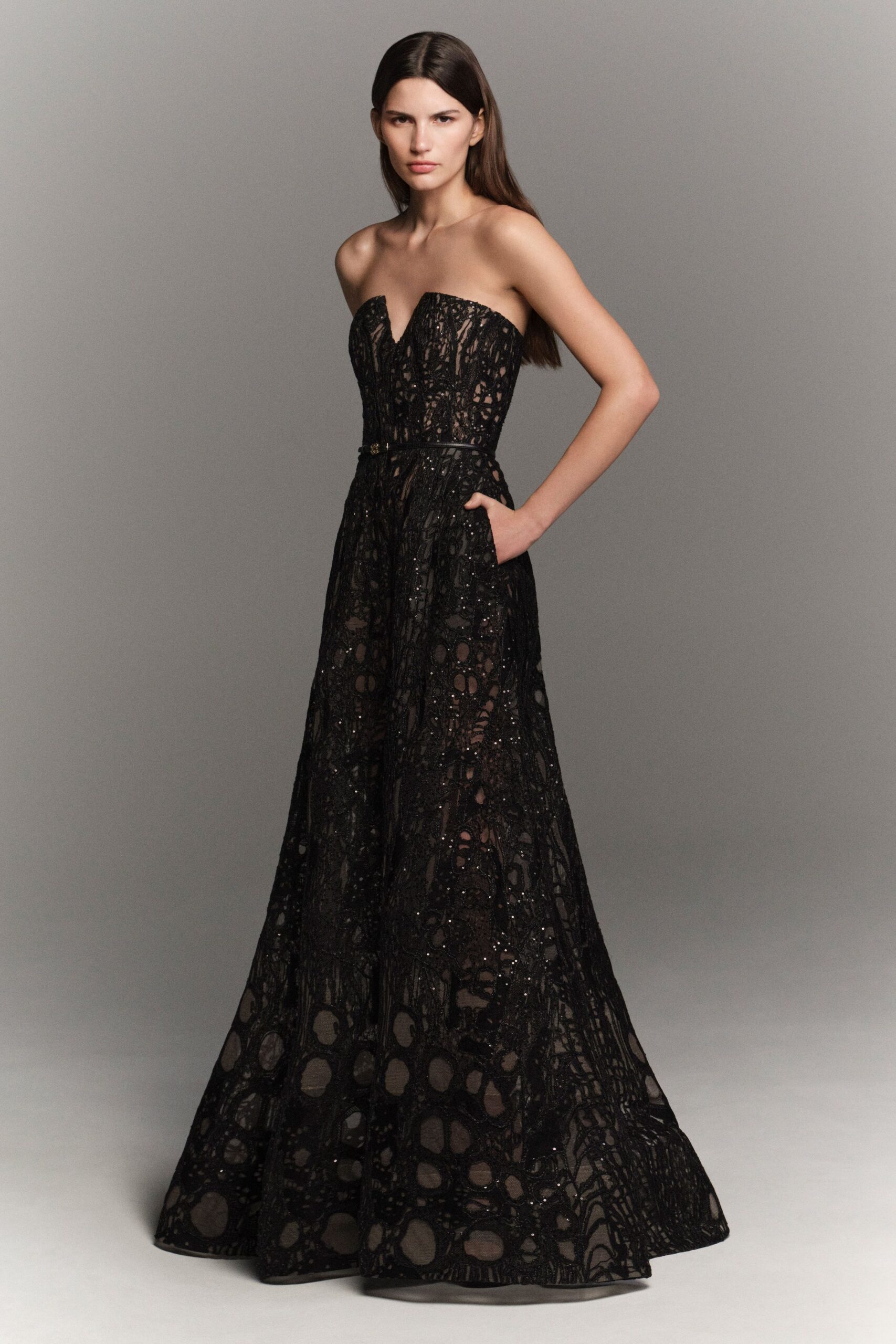 black lace strapless gown