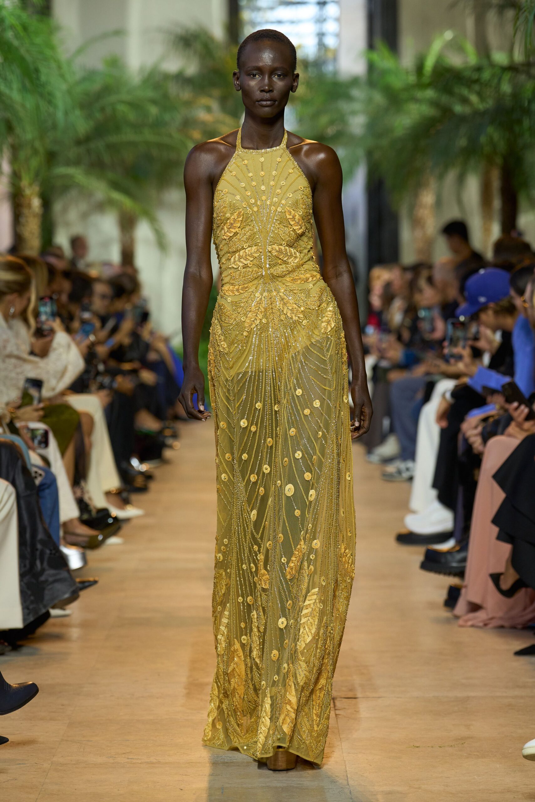 yellow embellished sleeveless gown