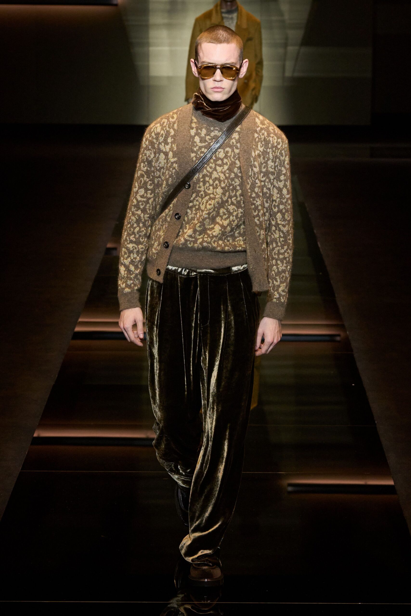 brown velvet long-sleeve v-neck fitted embroidered sweater