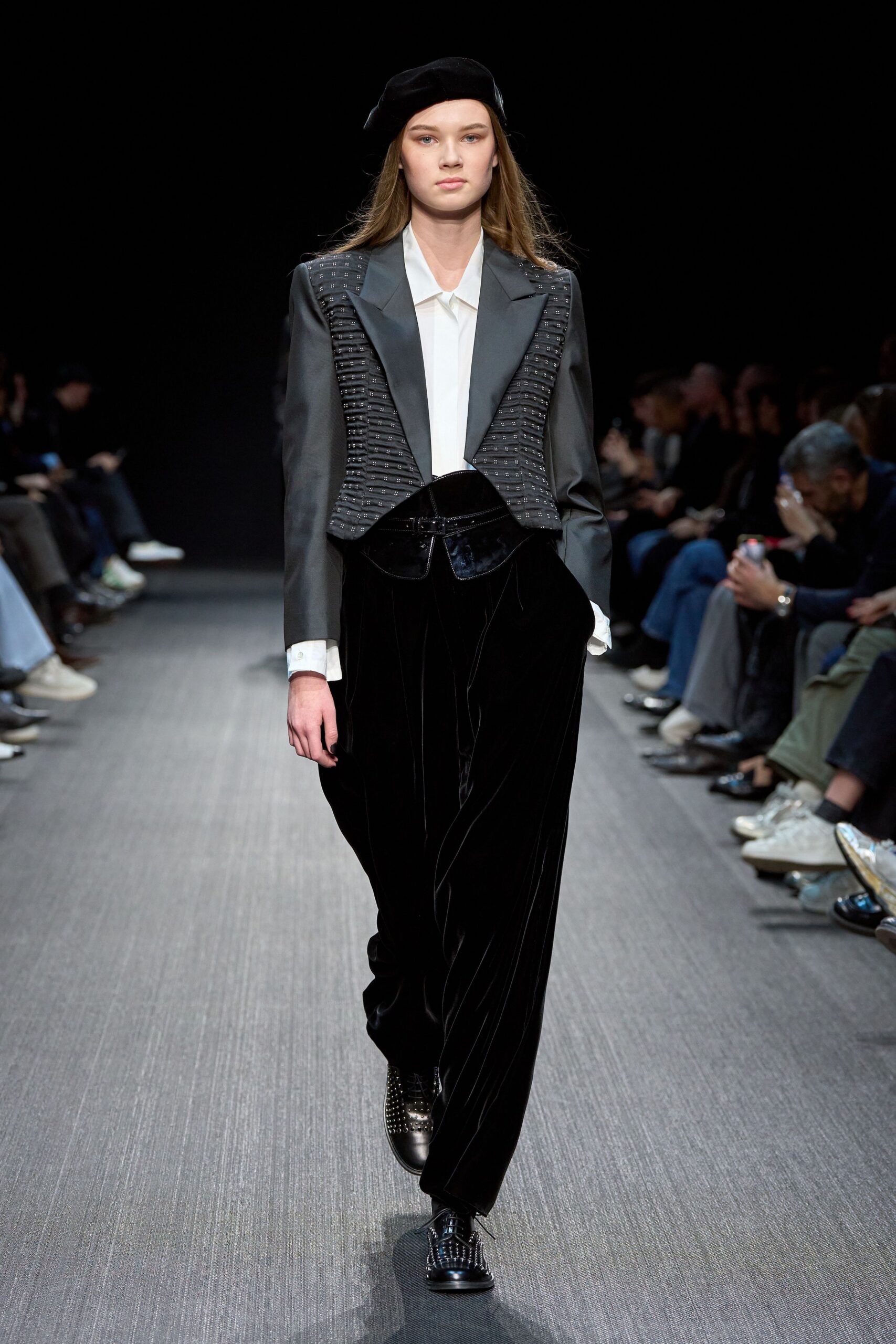 black silk long-sleeve collared structured buttoned blazer