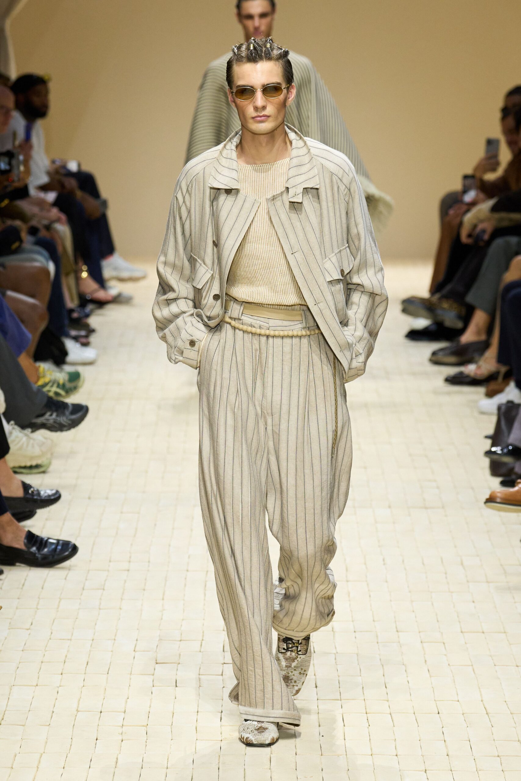 beige striped jacket and pants