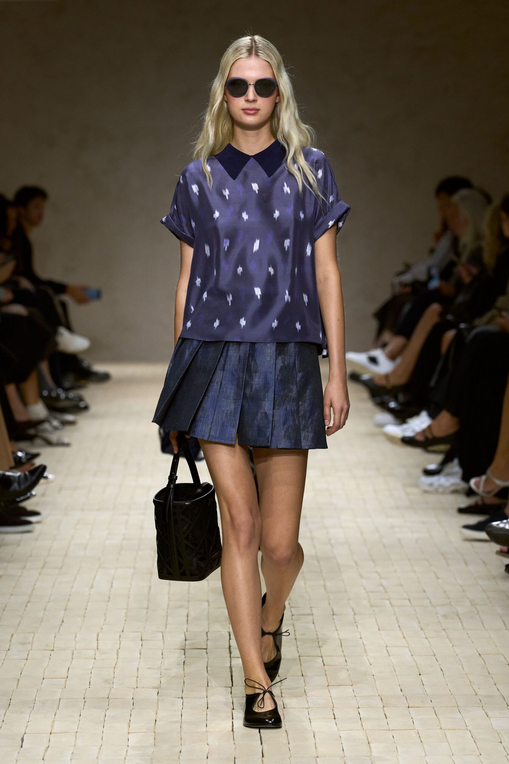 blue silk top with pleated skirt