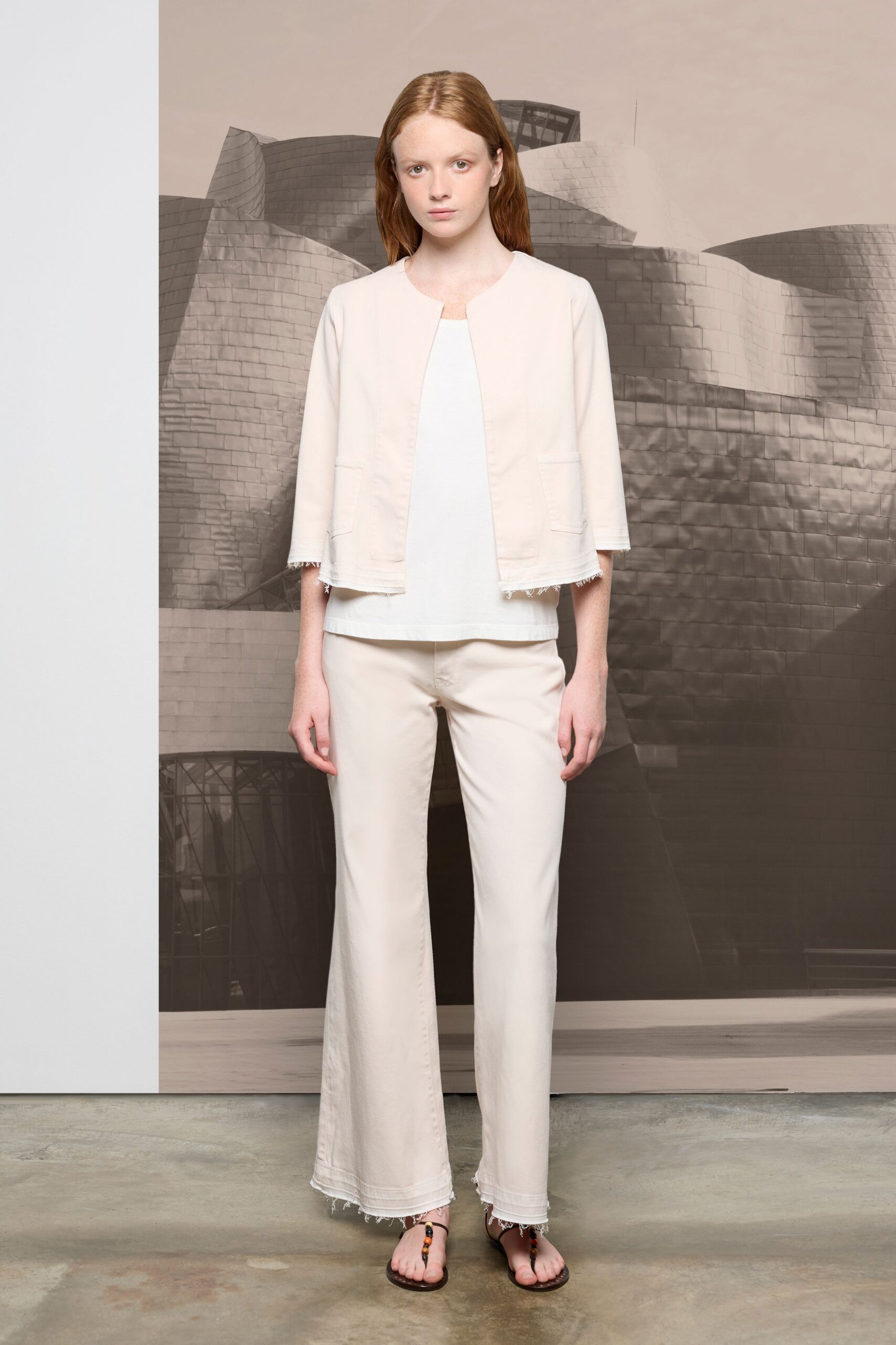 beige jacket white top beige pants