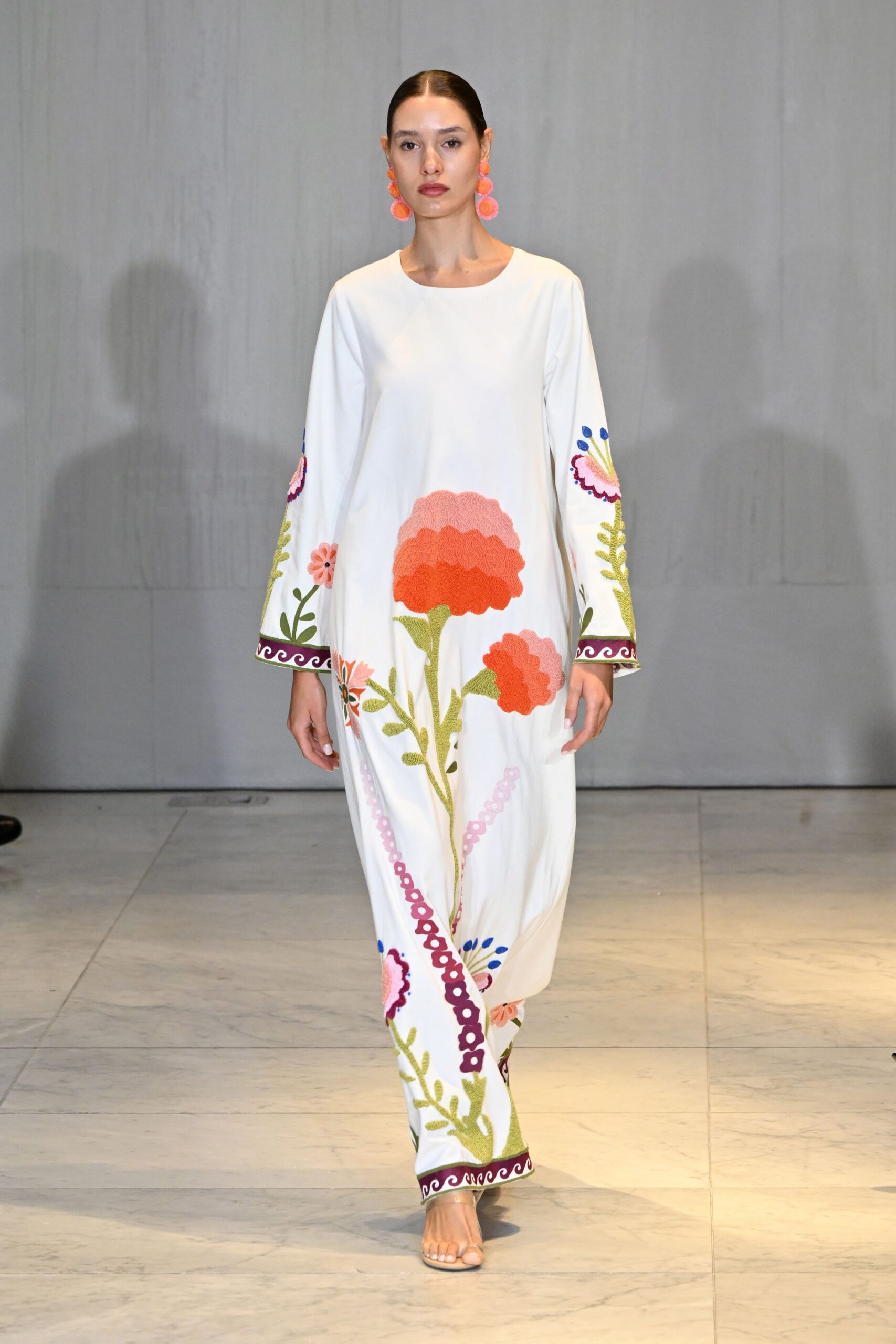 white cotton long-sleeve relaxed embroidered maxi dress