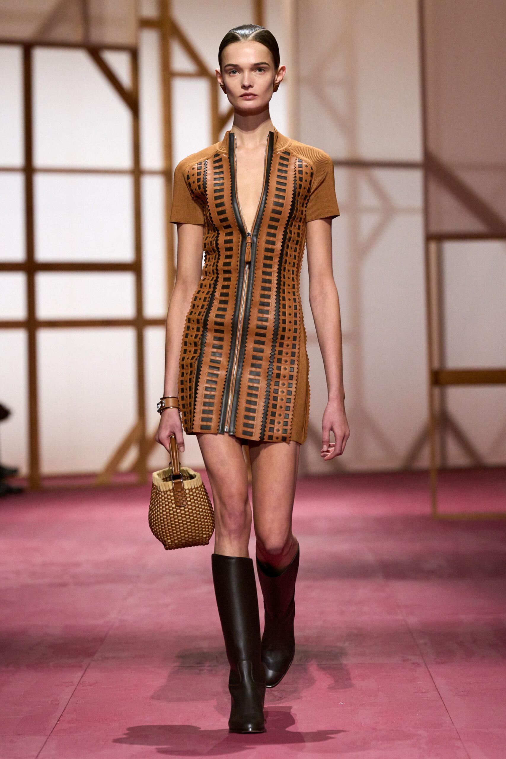 brown leather short-sleeve v-neck fitted zippered embellished dress