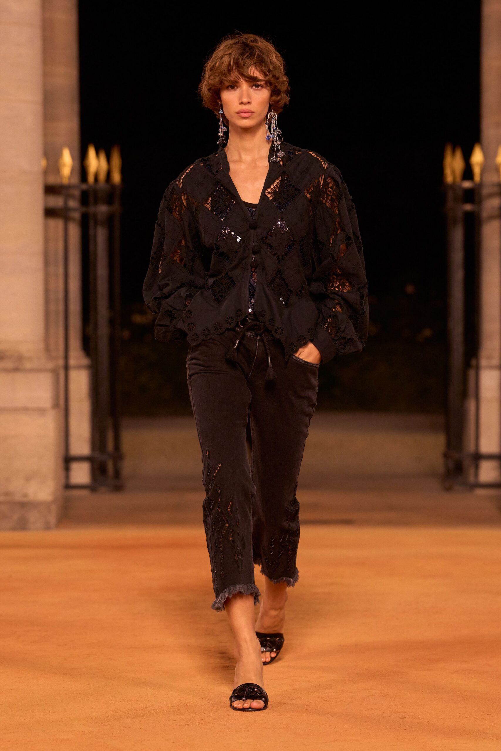 black lace long-sleeve collared relaxed embroidered jacket