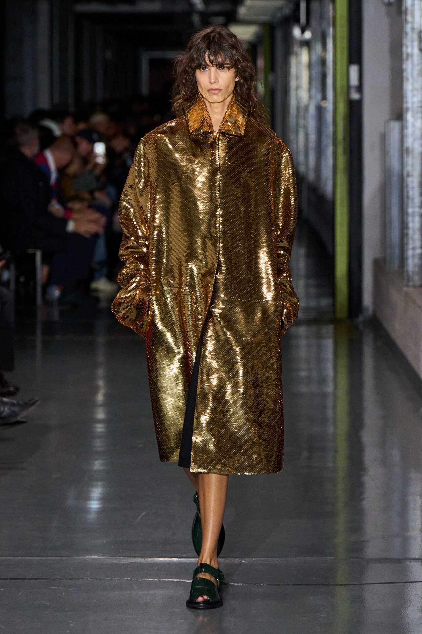 gold sequin long-sleeve collared oversized zippered shiny coat